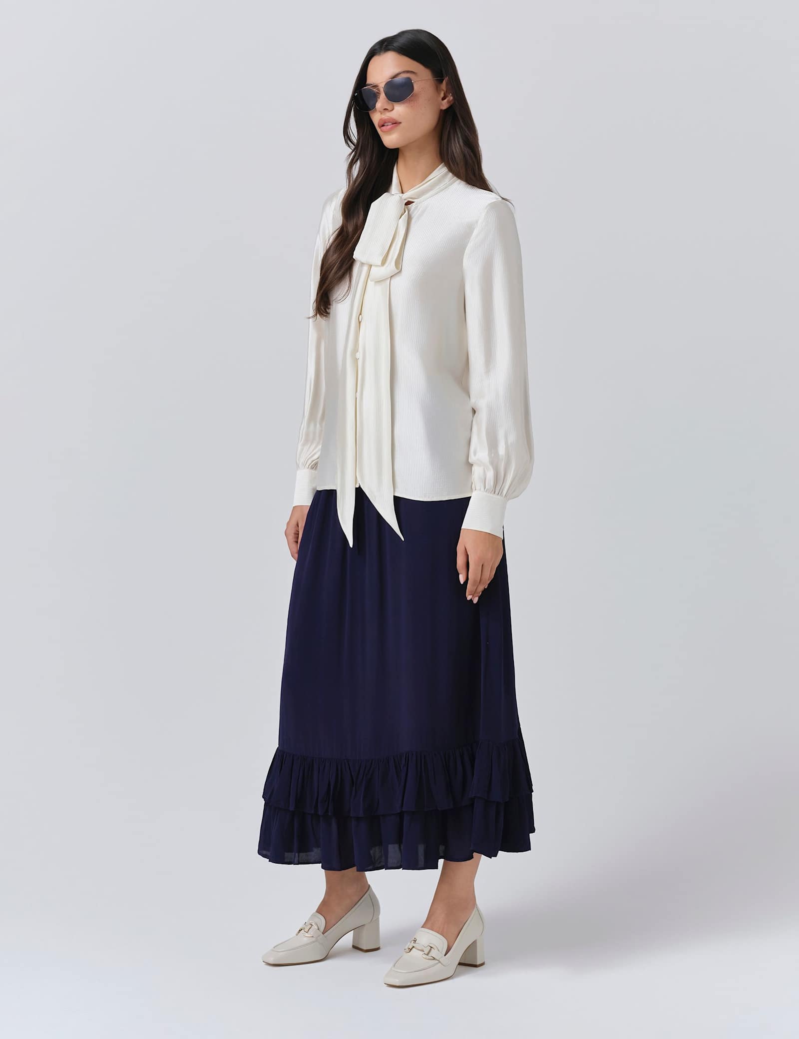 Satin Tie Neck Button Through Blouson Sleeve Blouse - image 4