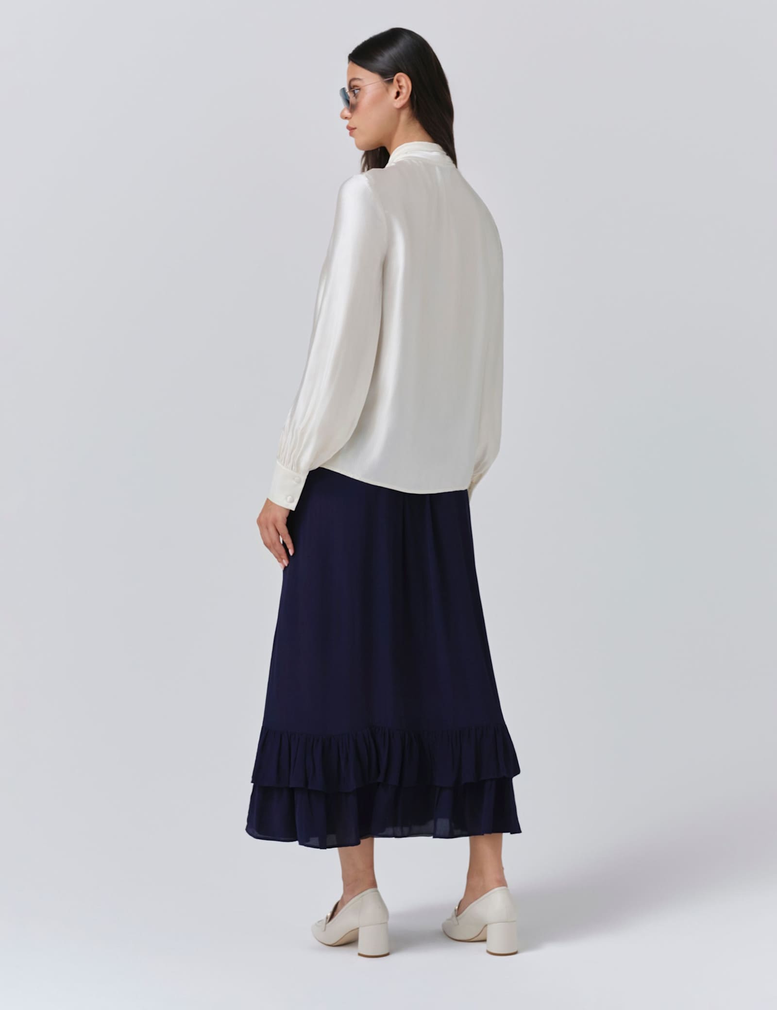 Satin Tie Neck Button Through Blouson Sleeve Blouse - image 3