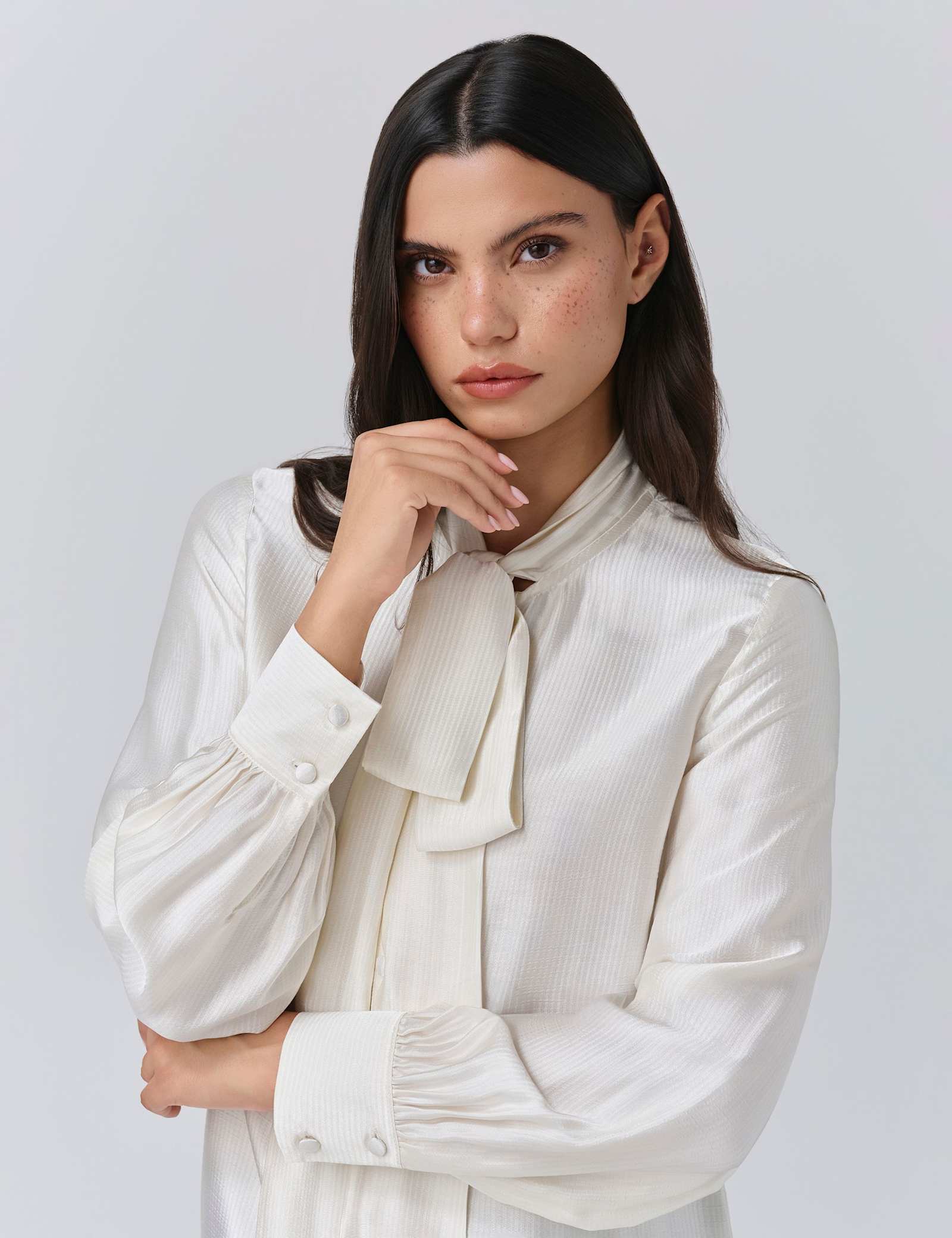 Satin Tie Neck Button Through Blouson Sleeve Blouse - image 2