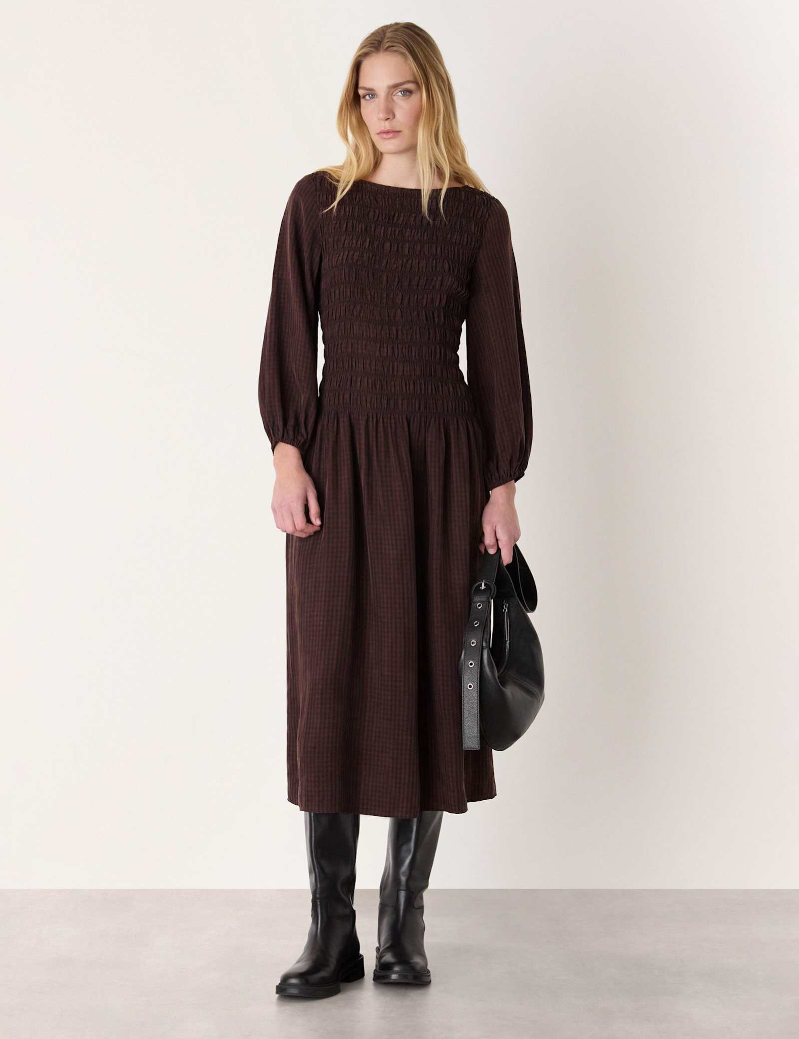 Pure Cupro Checked Midi Shirred Dress - image 2