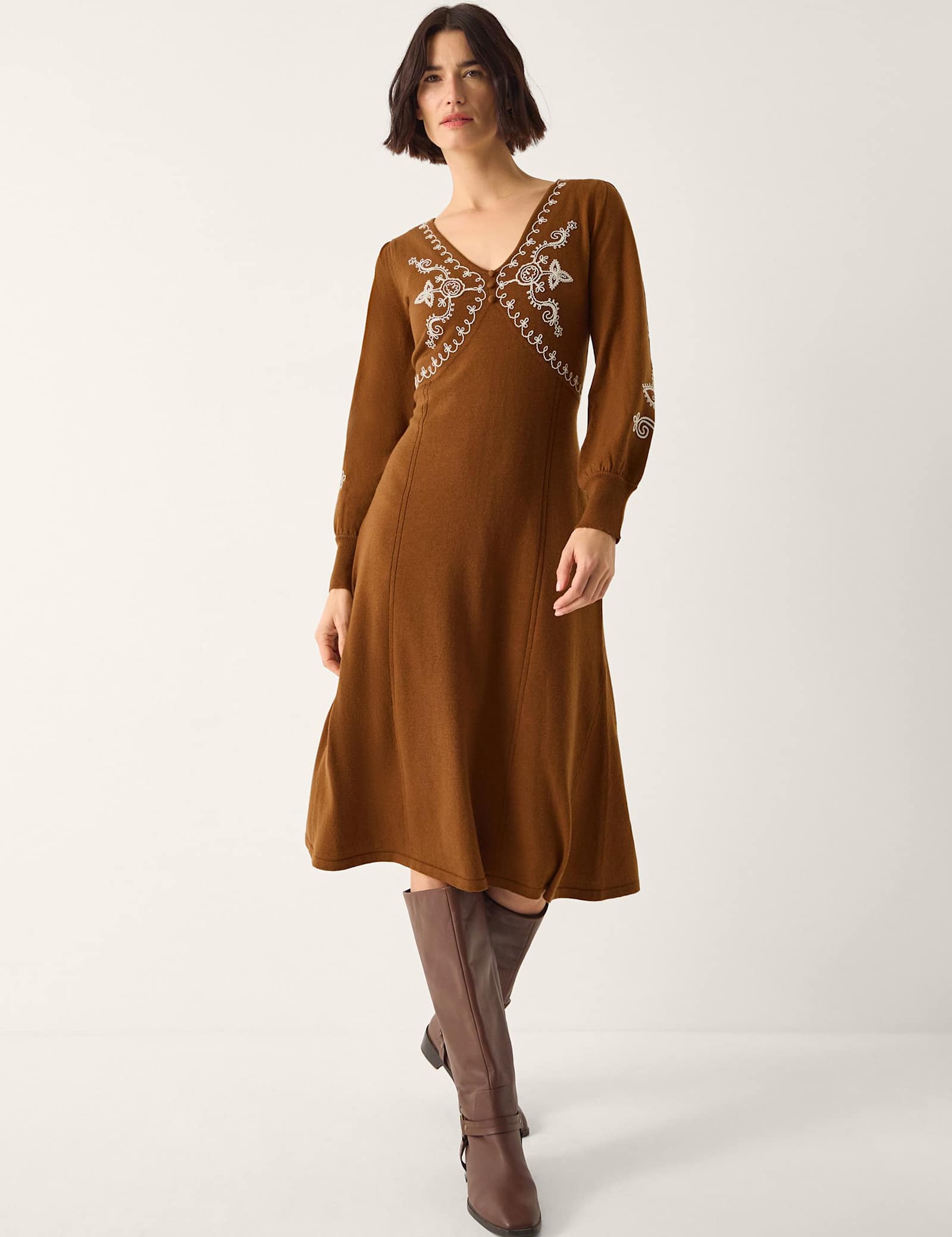 Embroidered V-Neck Knitted Midi Skater Dress - image 2