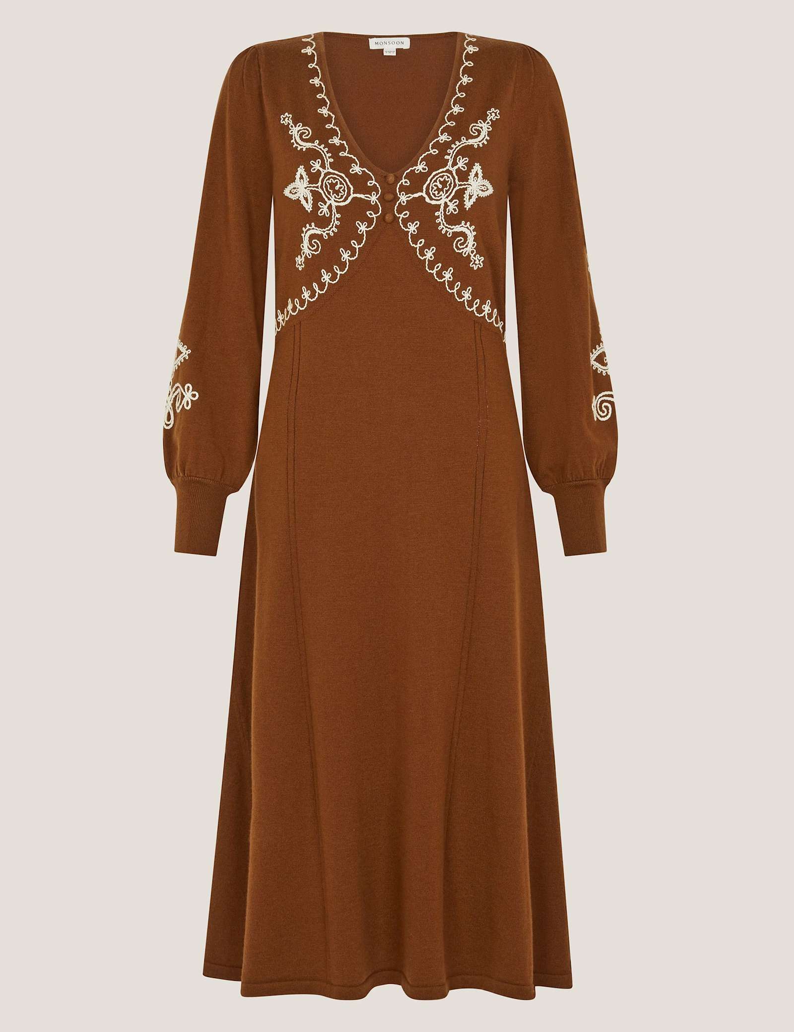 Embroidered V-Neck Knitted Midi Skater Dress - image 1