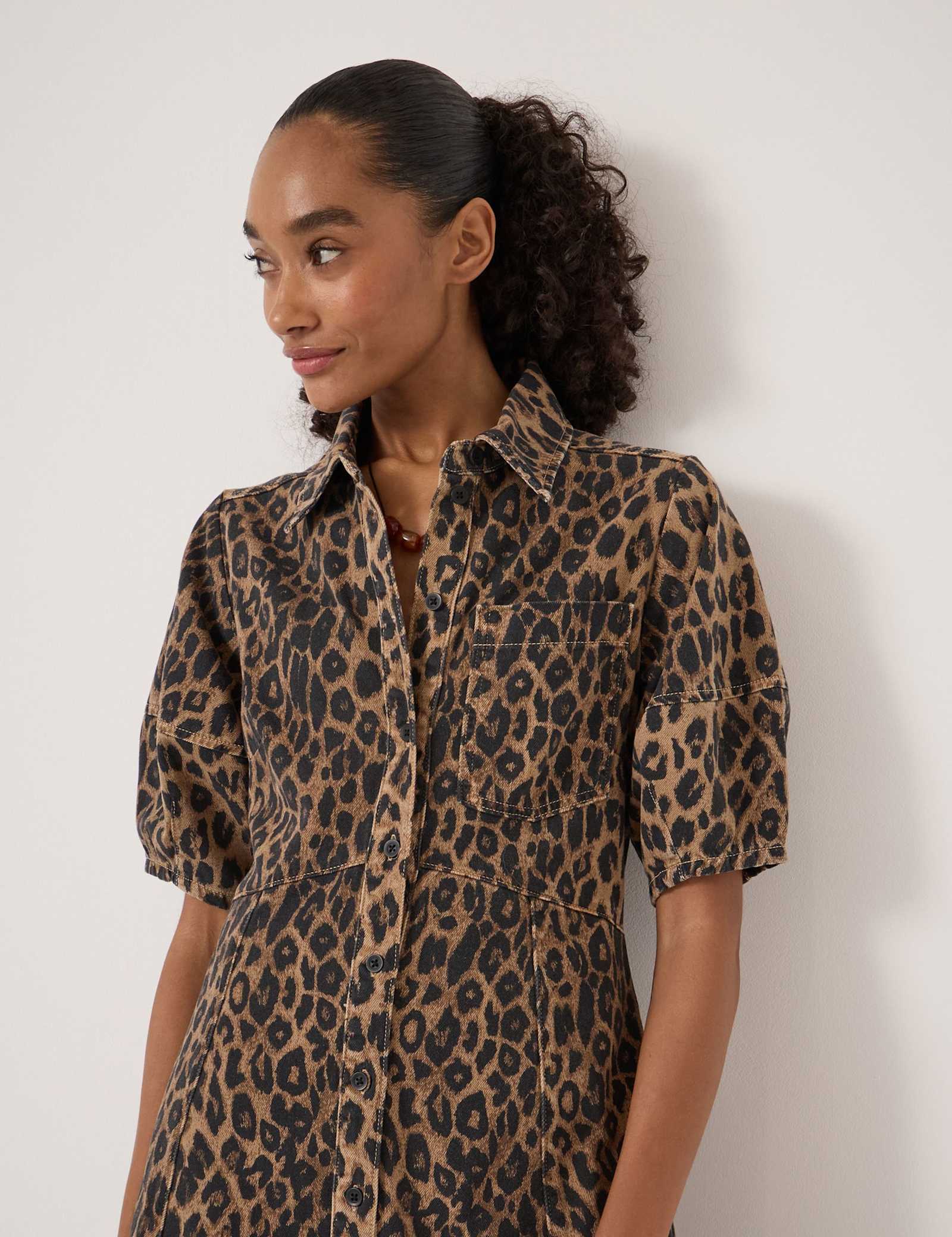Denim Animal Print Midi Shirt Dress - image 3