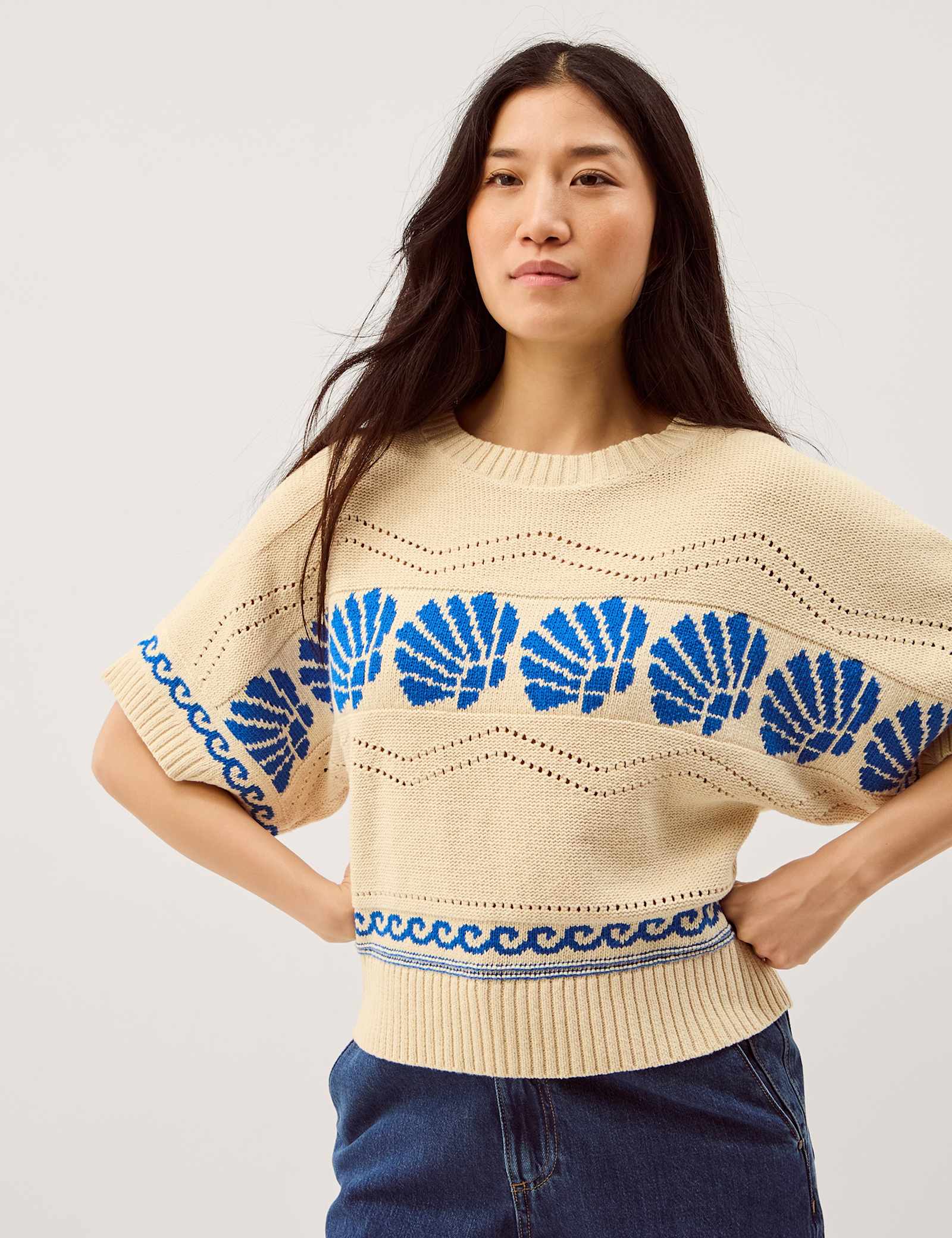 Pure Cotton Seashell Crew Neck Knitted Top - image 2