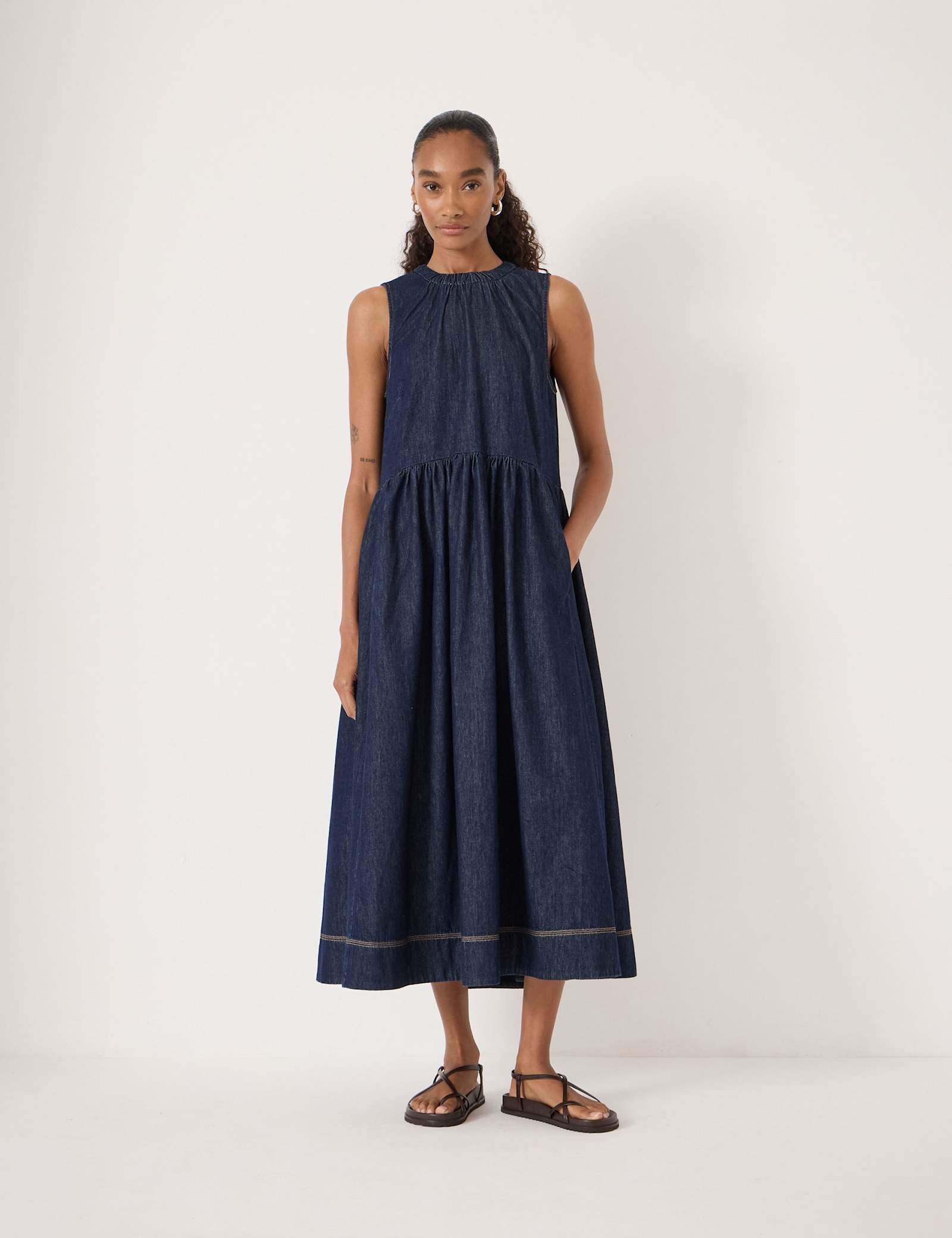Denim Crew Neck Midaxi Waisted Dress - image 2