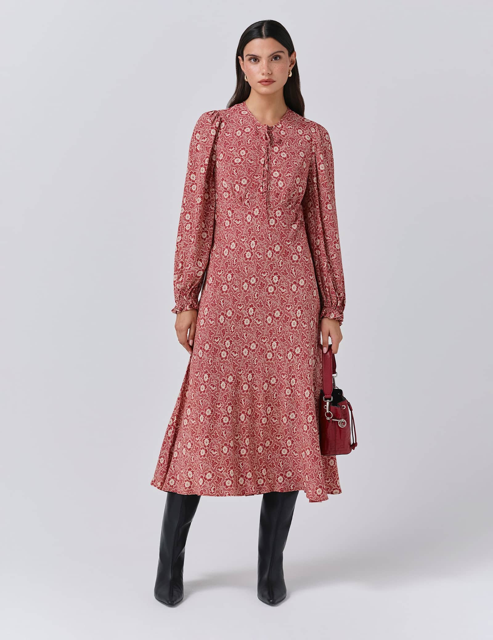 Crepe Floral Tie Front Midi Tea Dress - image 1