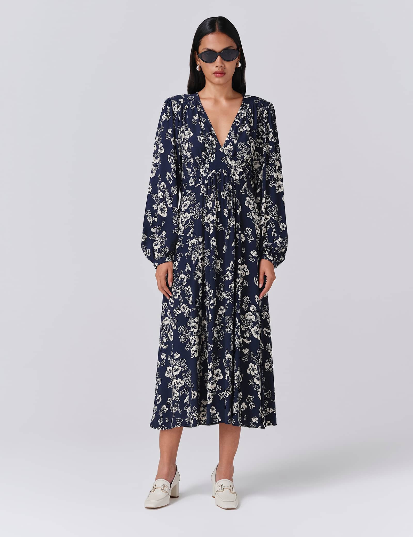 Crepe Floral V-Neck Midi Skater Dress - image 1
