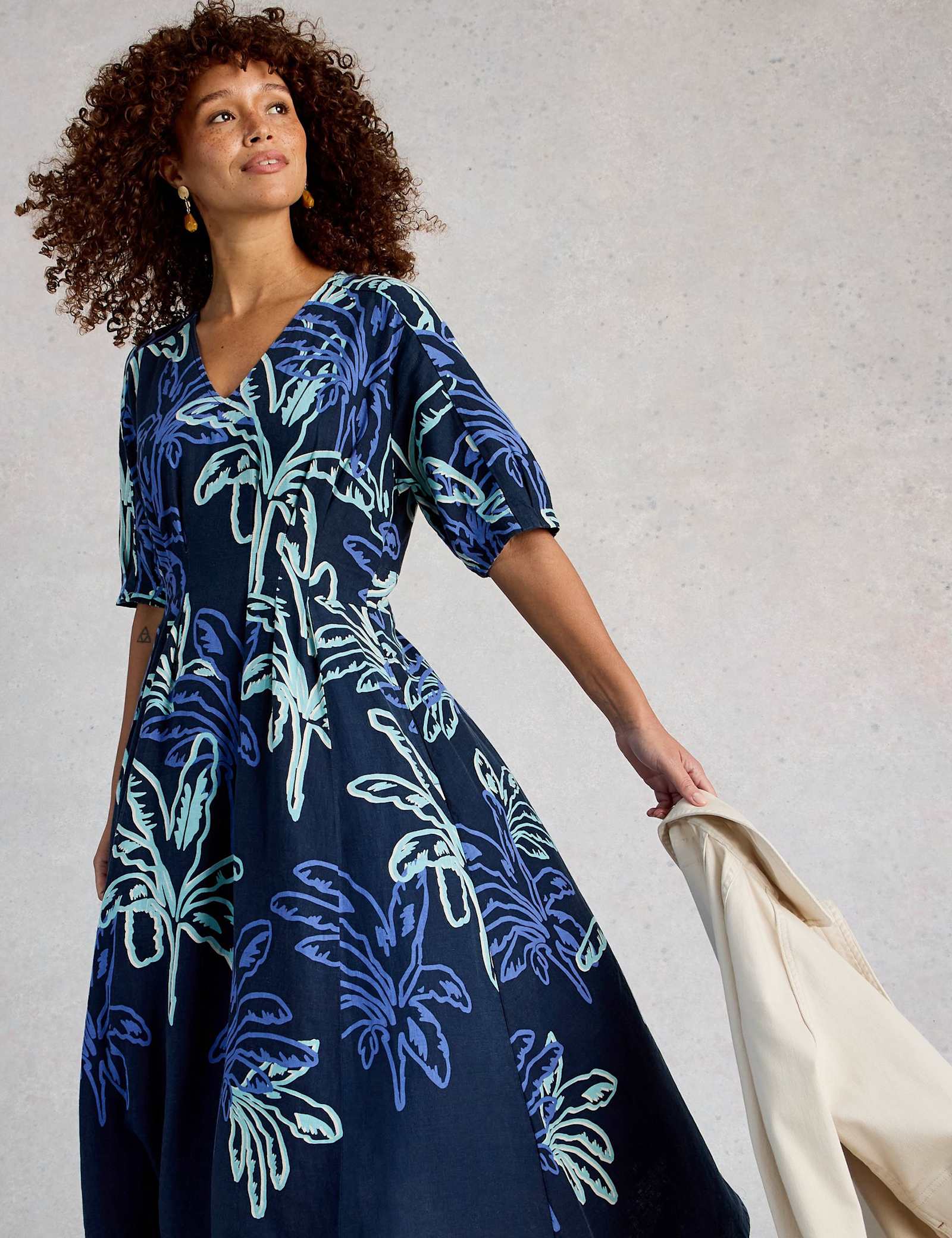 Linen Blend Printed Midi Skater Dress - image 2