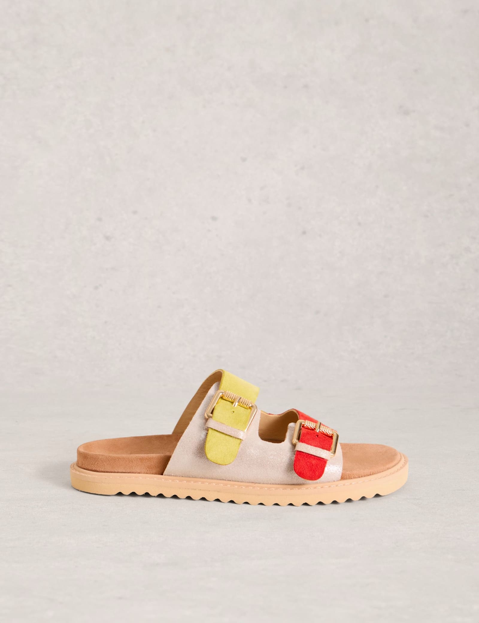 Leather Metallic Buckle Foodbed Flat Sliders - image 2