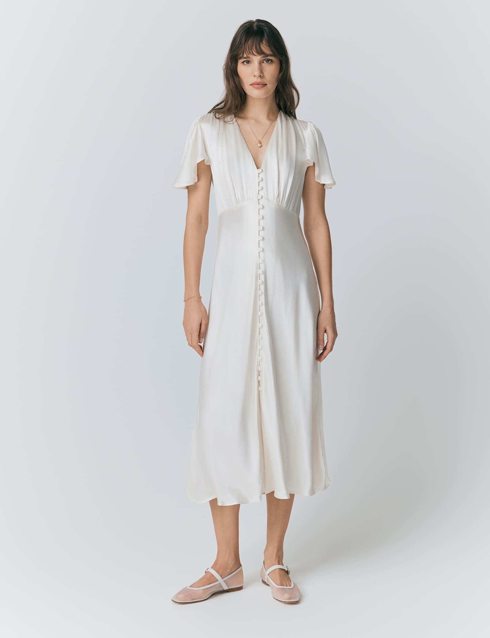 Satin V-Neck Angel Sleeve Midi Tea Dress - image 3