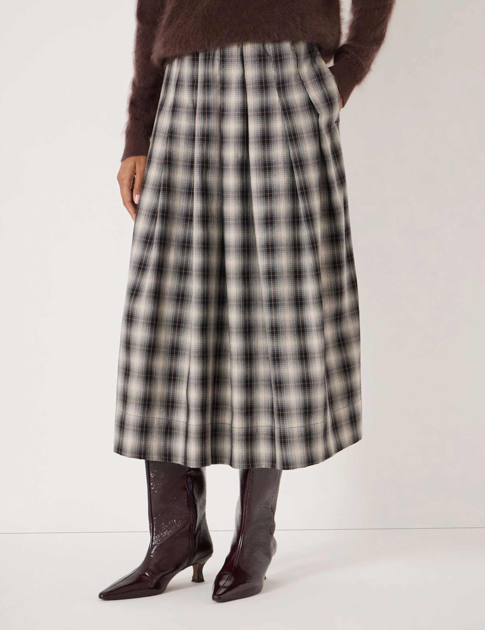 Cotton Rich Checked Pleated Midi Skirt - image 4