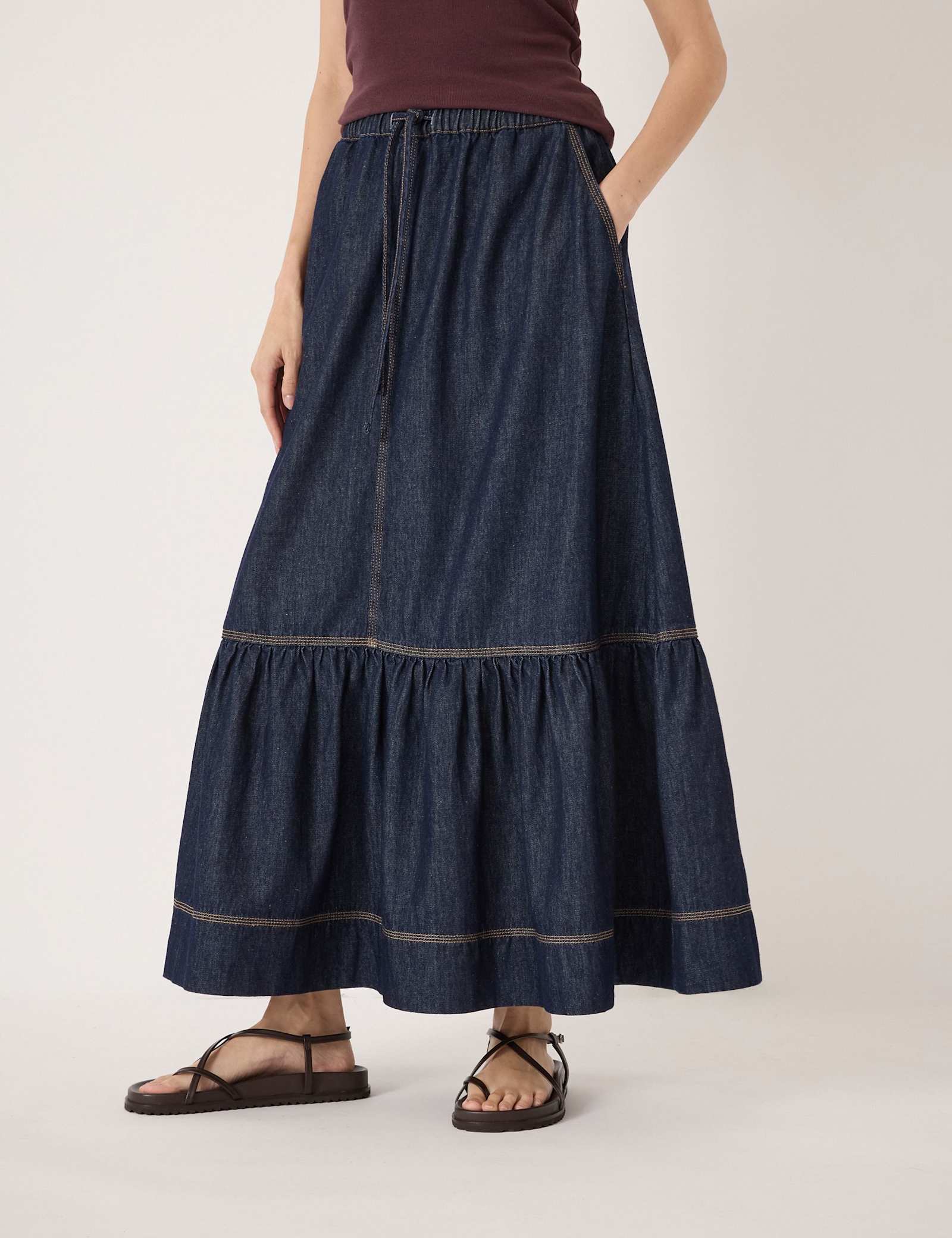 Pure Cotton Denim Midaxi Tiered Skirt - image 4