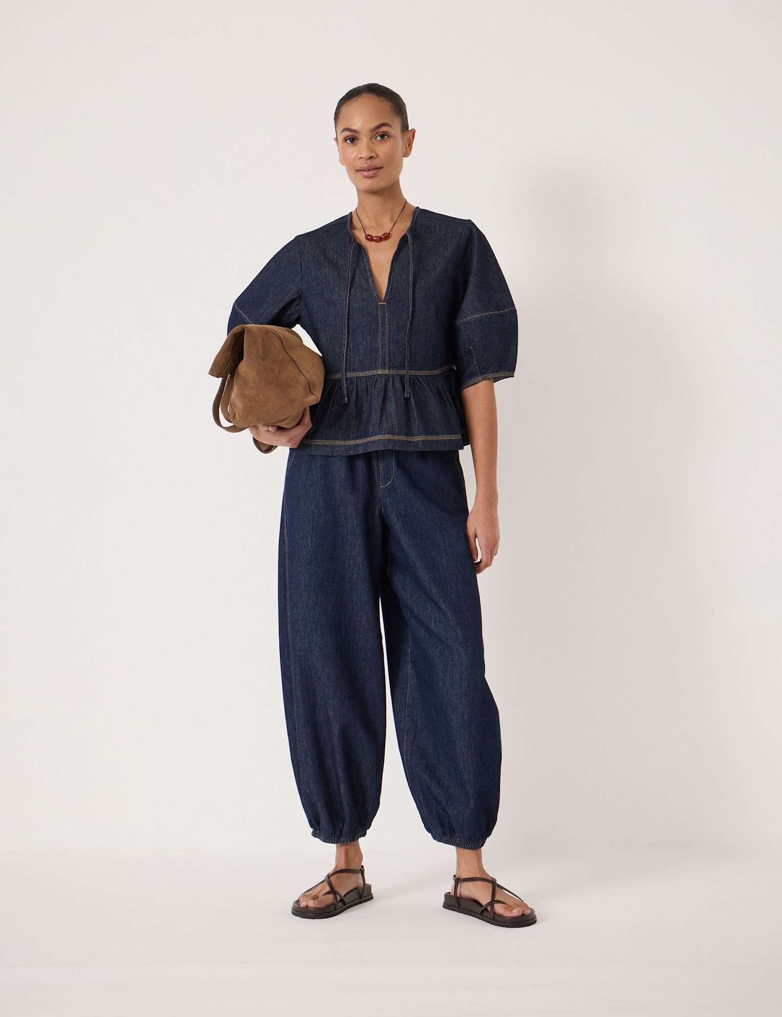 Pure Cotton Denim Barrel Sleeve Top - image 3