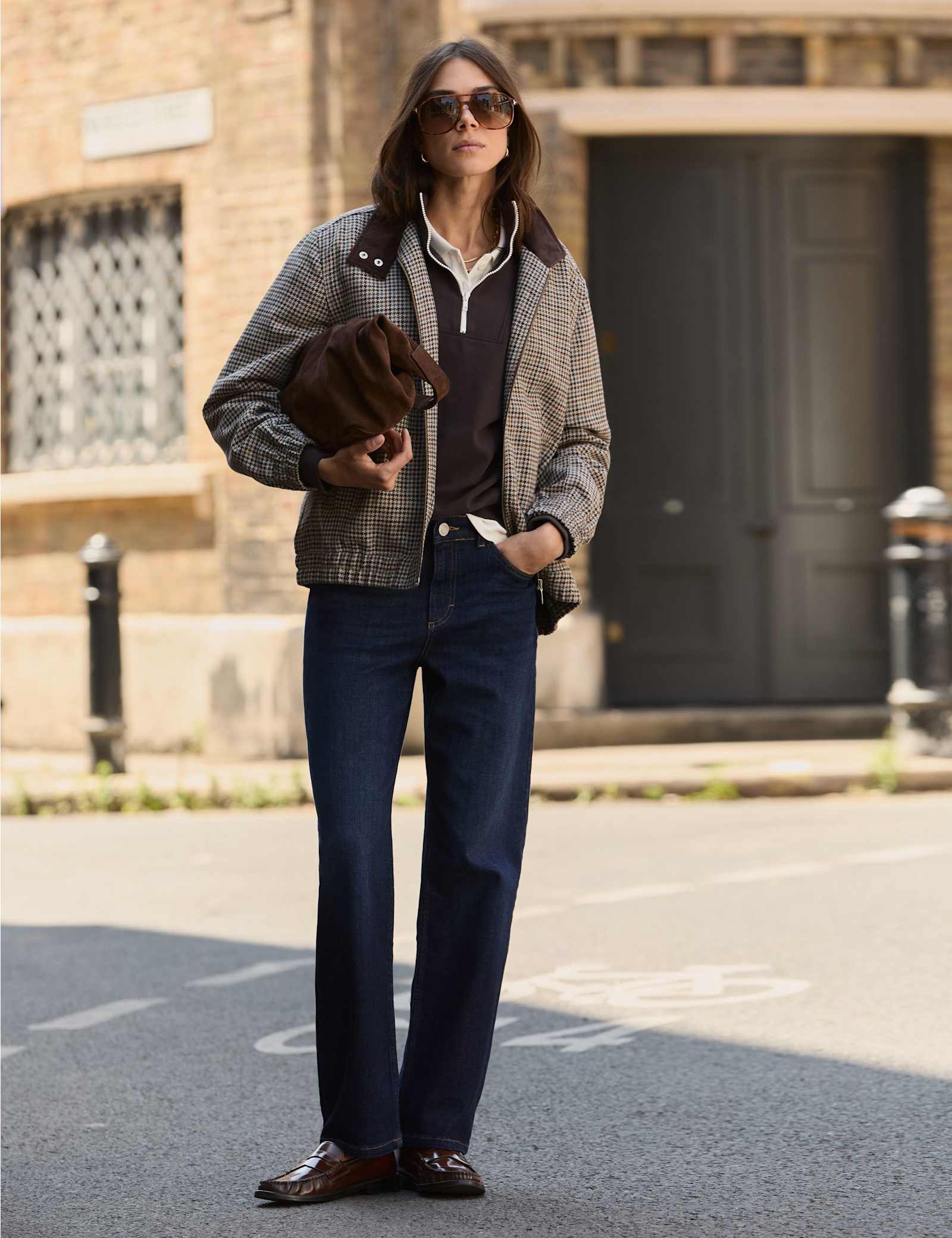 Dogtooth High Neck Bomber Jacket with Wool - image 3