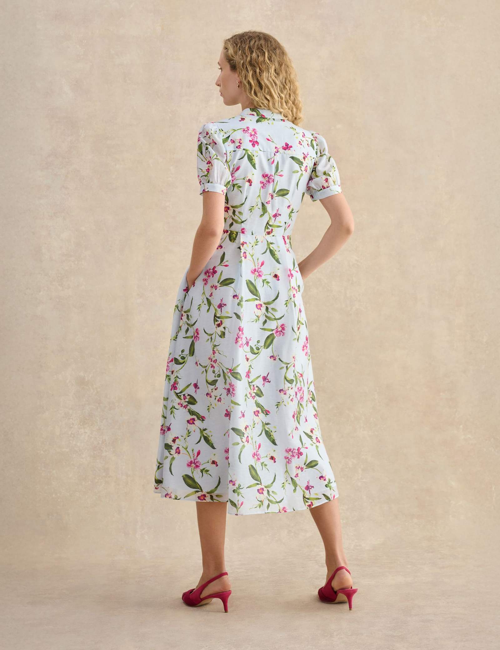 Floral V-Neck Midi Waisted Dress with Linen - image 3