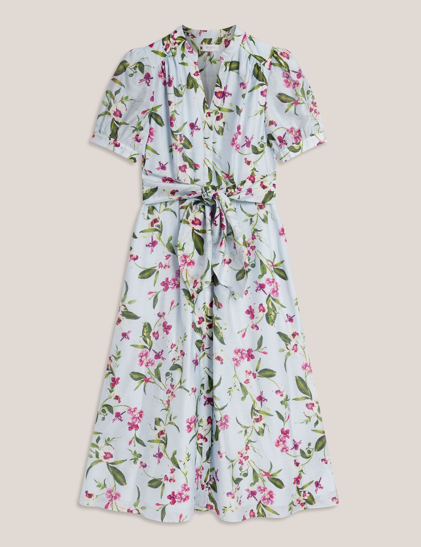 Floral V-Neck Midi Waisted Dress with Linen - image 1