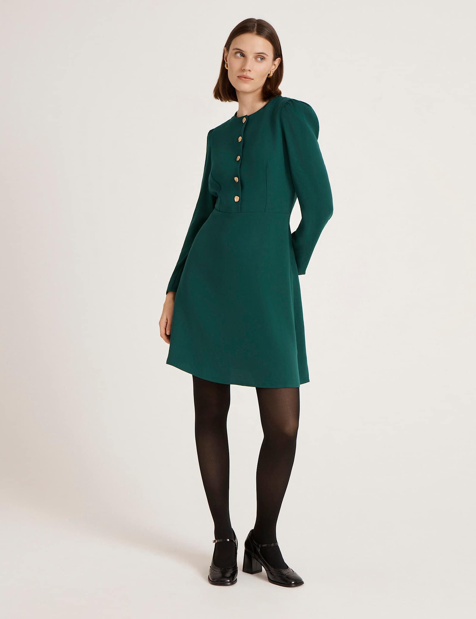 Crepe Round Neck Knee Length Waisted Dress - image 2