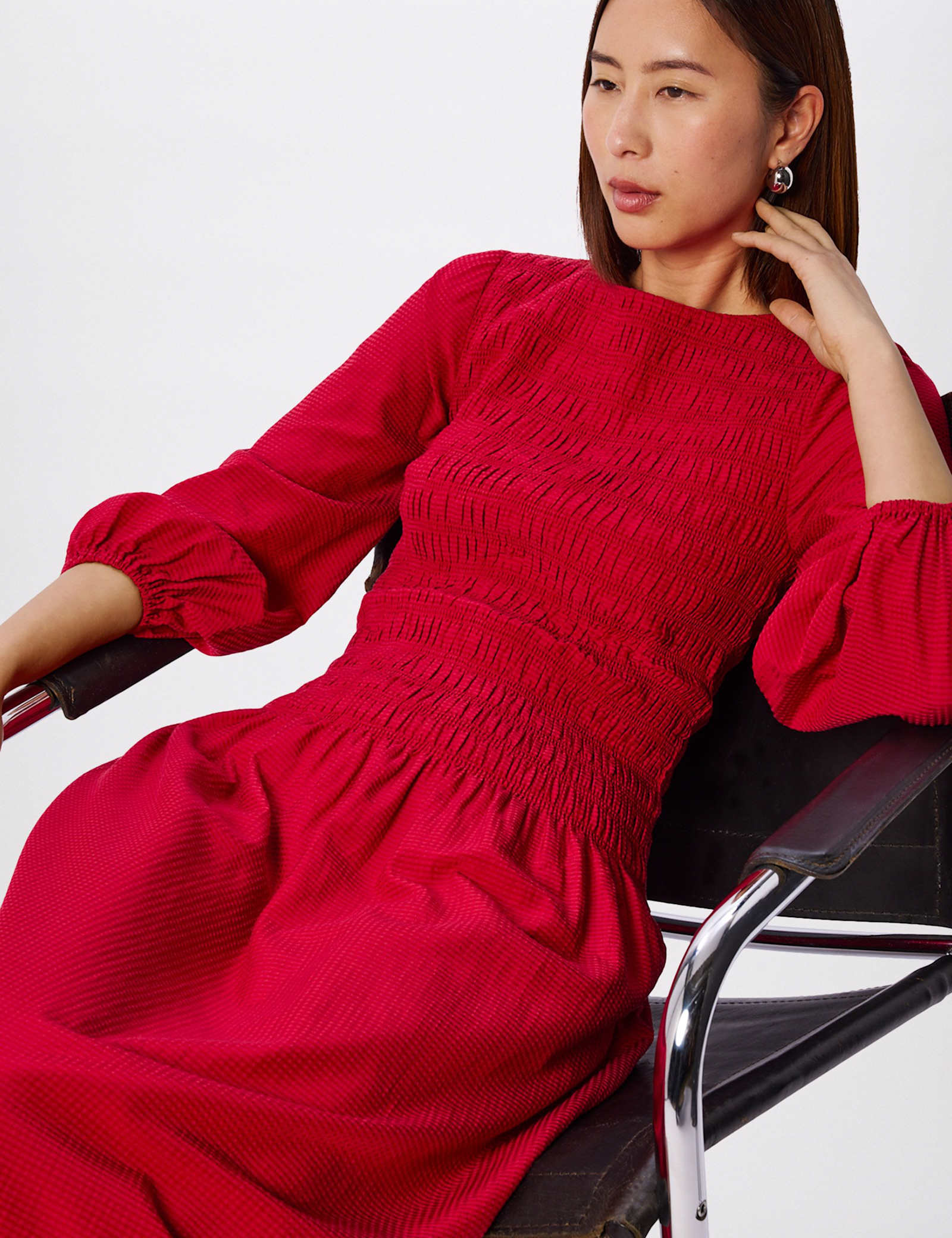Round Neck Midi Shirred Dress with Cotton - image 5