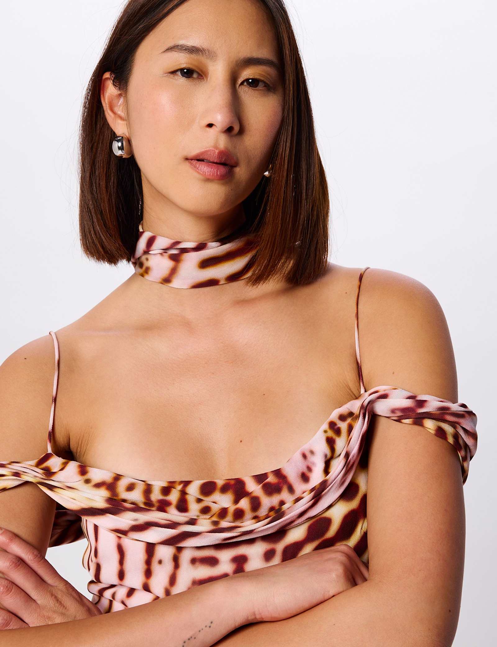 Orchid Print Scarf Detail Midi Dress - image 4