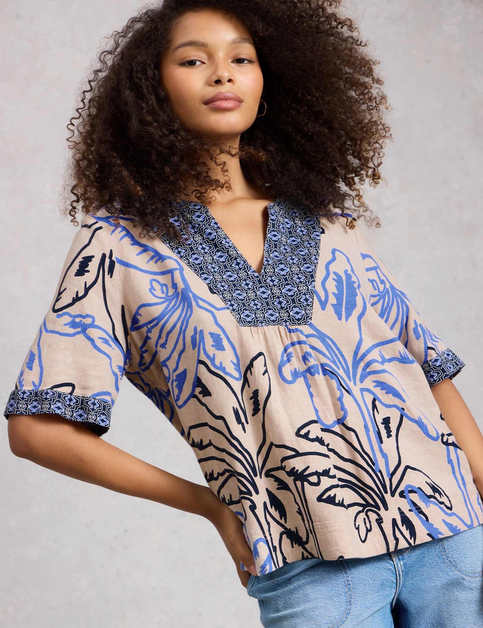 Linen Blend Printed Notch Neck Blouse - image 3