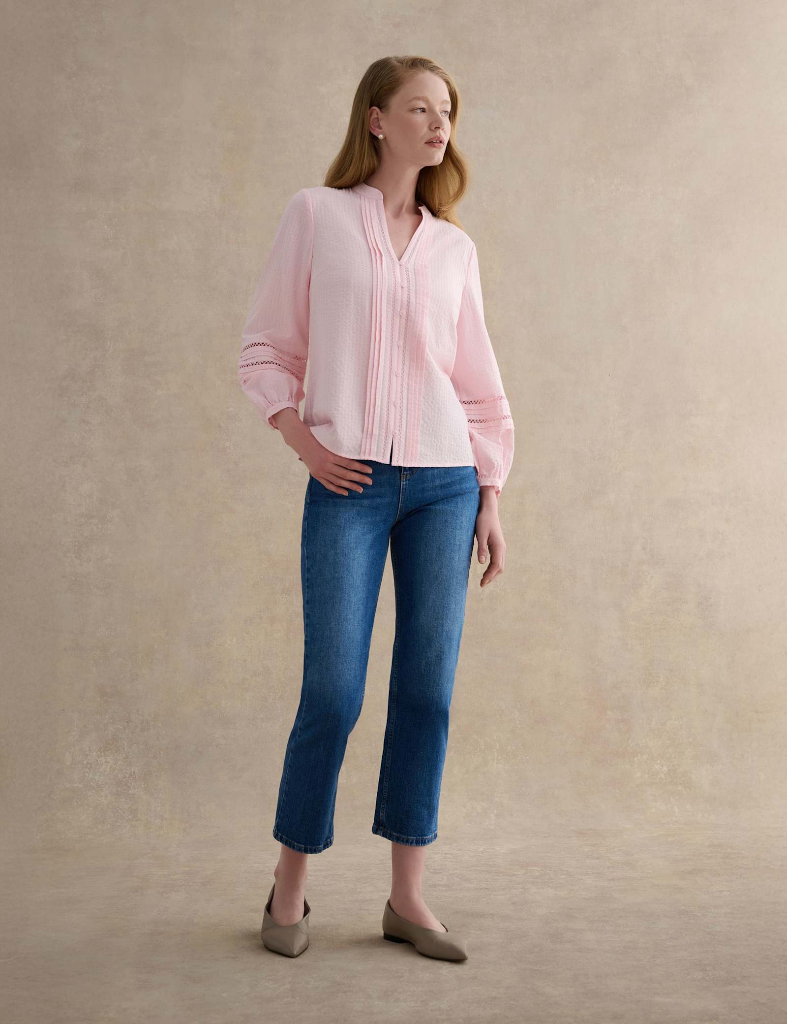 Cotton Blend Textured Notch Neck Blouse - image 5