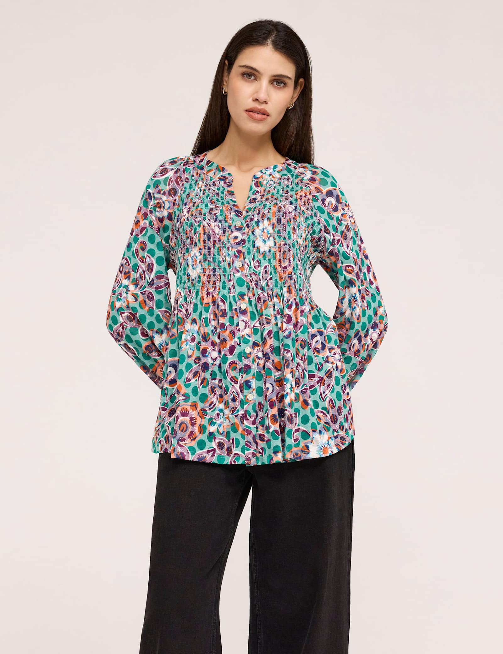 Jersey Floral V-Neck Shirred Blouse - image 2