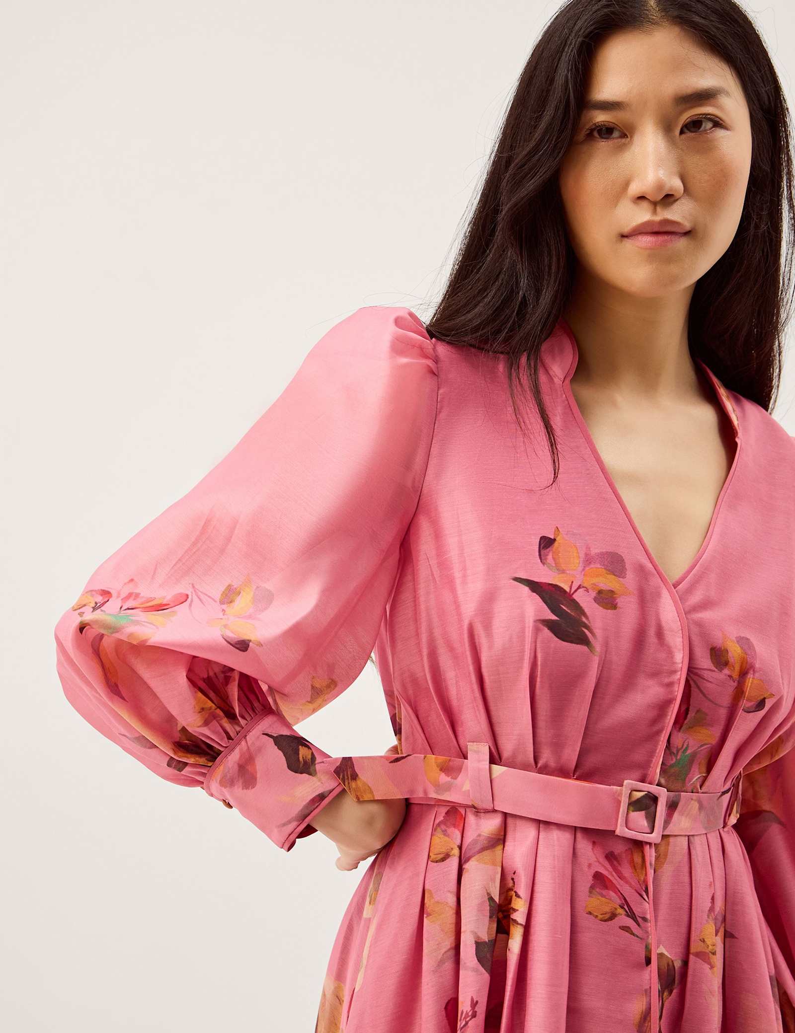 Floral V-Neck Belted Midi Waisted Dress - image 3