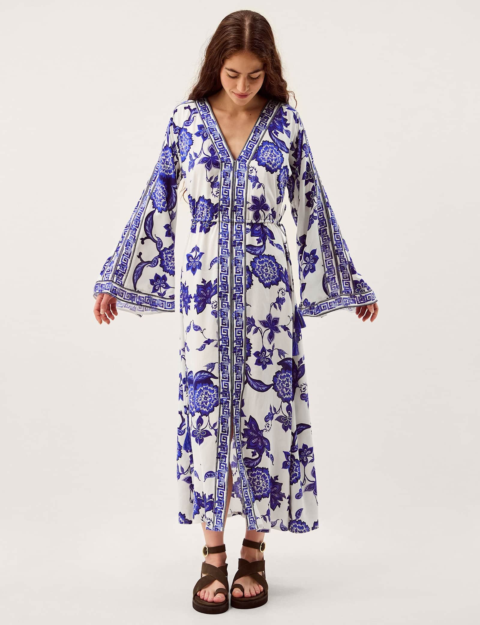 Floral V-Neck Angel Sleeve Maxi Beach Dress - image 2