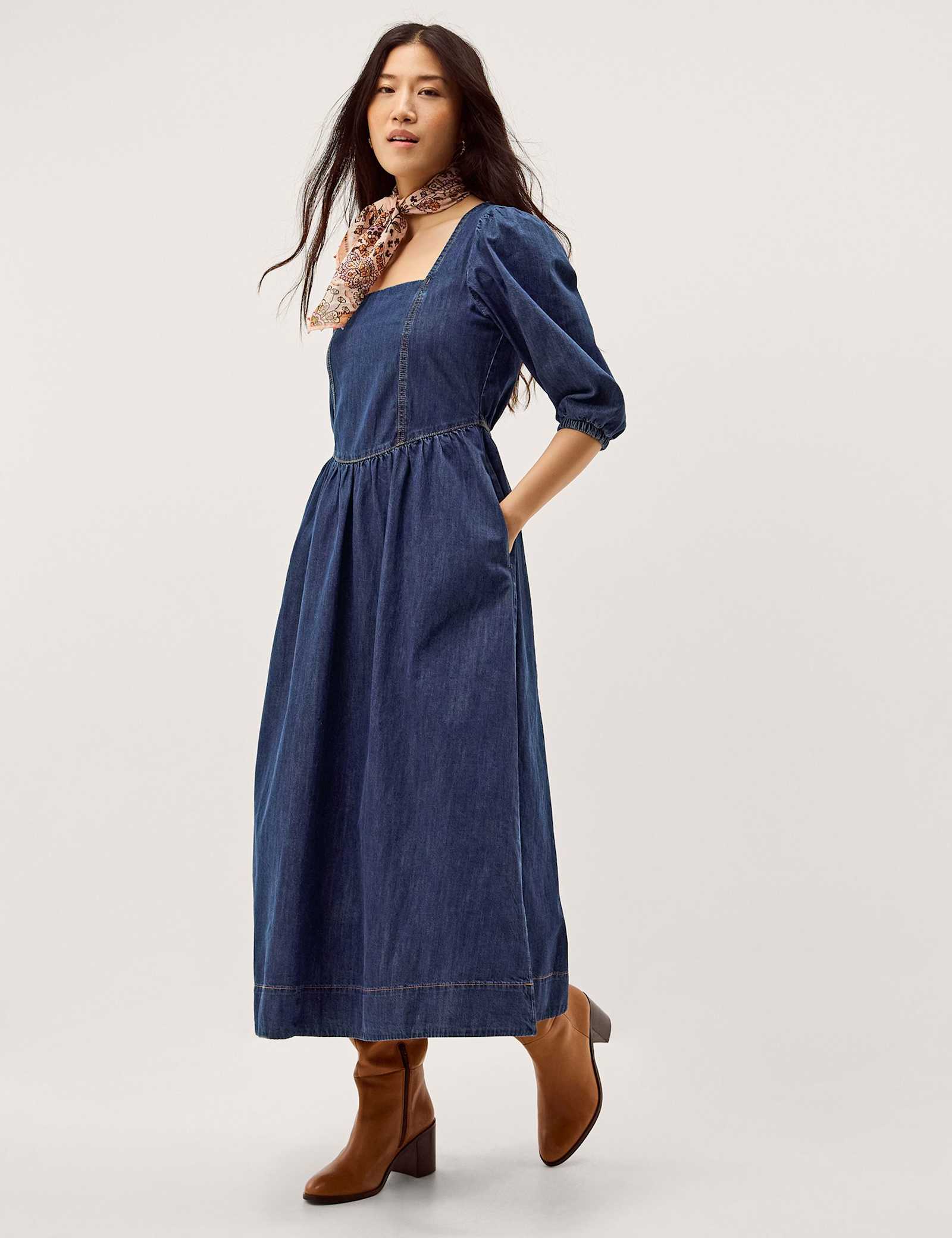 Denim Square Neck Midi Skater Dress - image 4