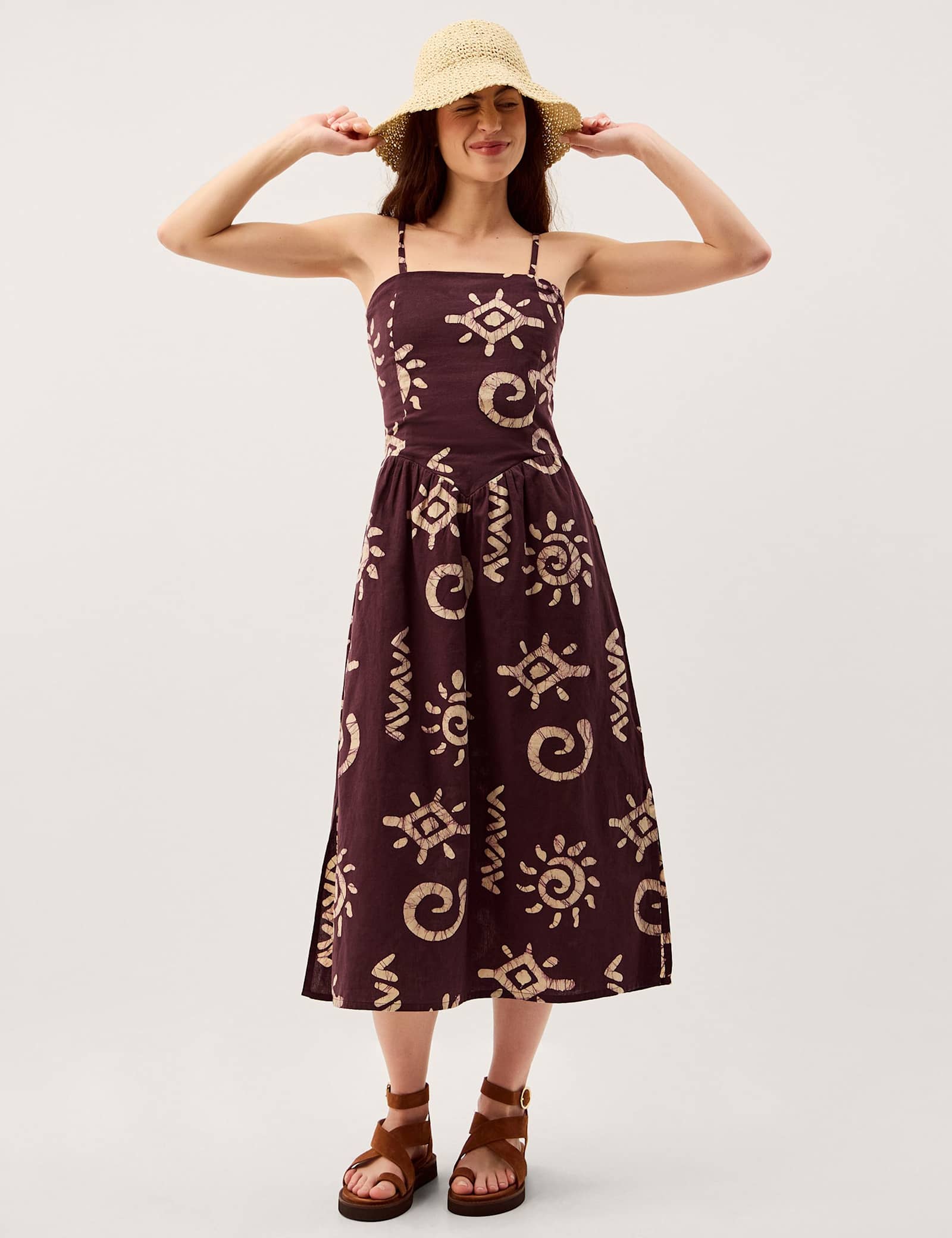 Cotton Rich Printed Midi Waisted Dress with Linen - image 4