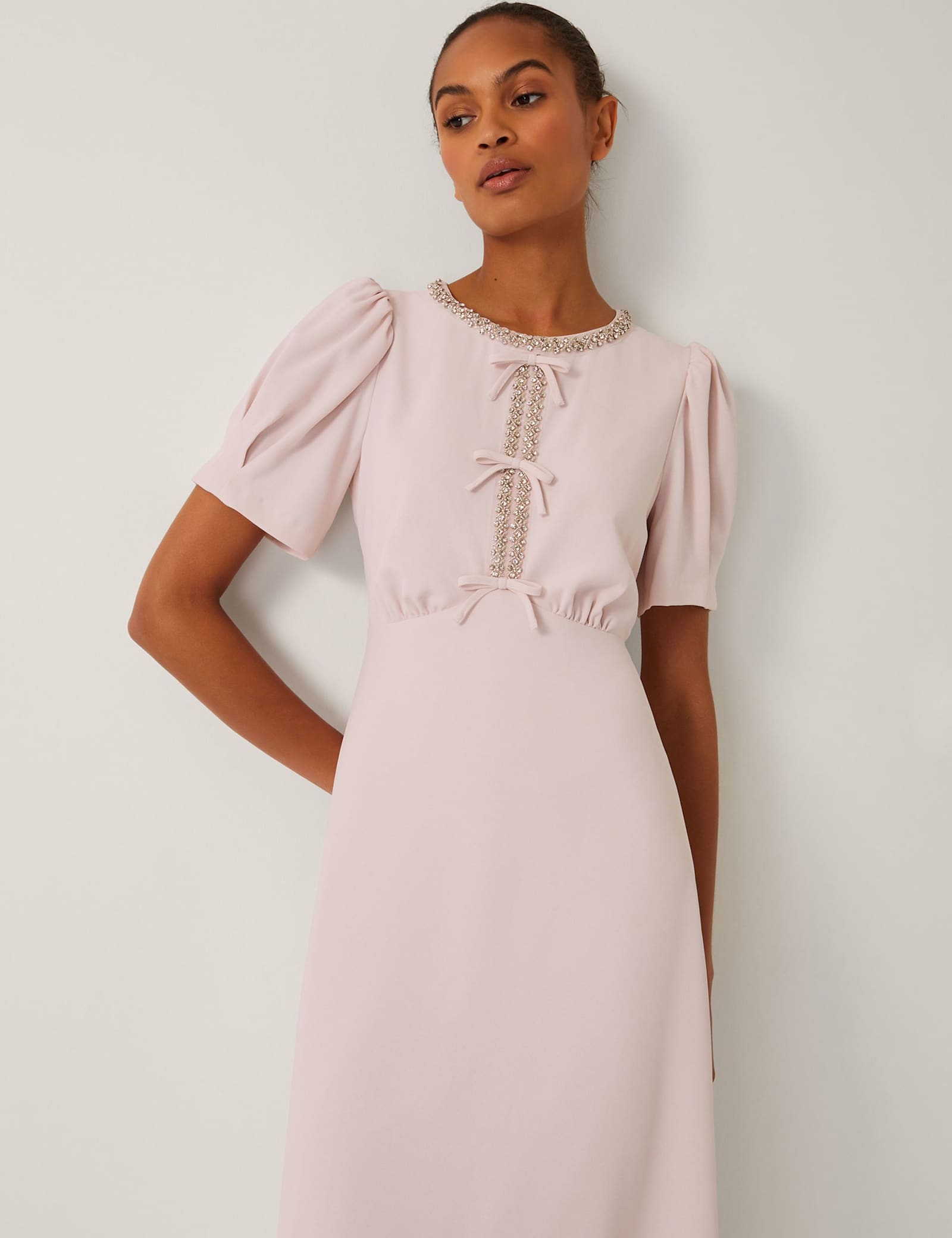 Beaded Bow Detail Puff Sleeve Midi Dress - image 2