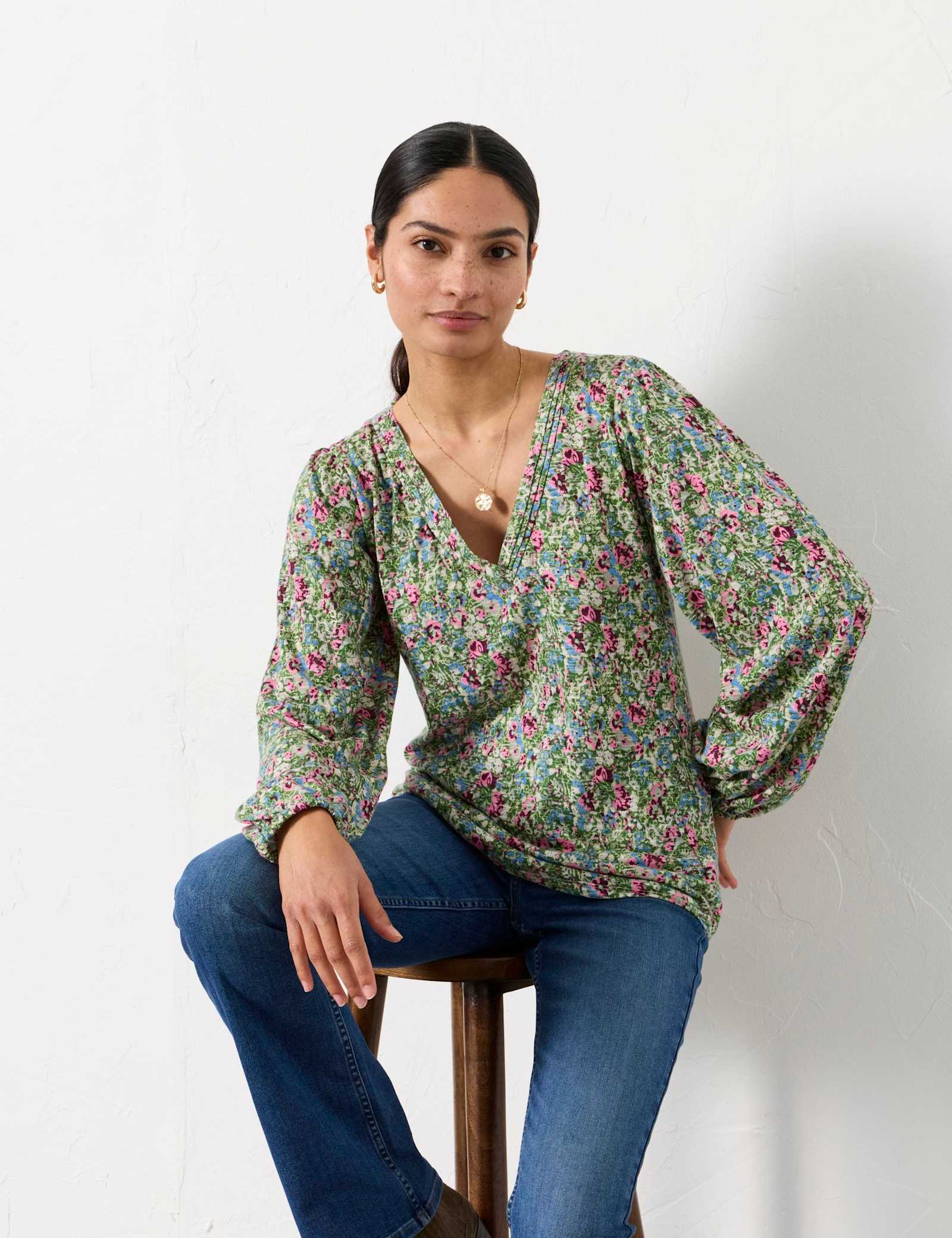 Pure Cotton Disty Floral V-Neck Blouse - image 4