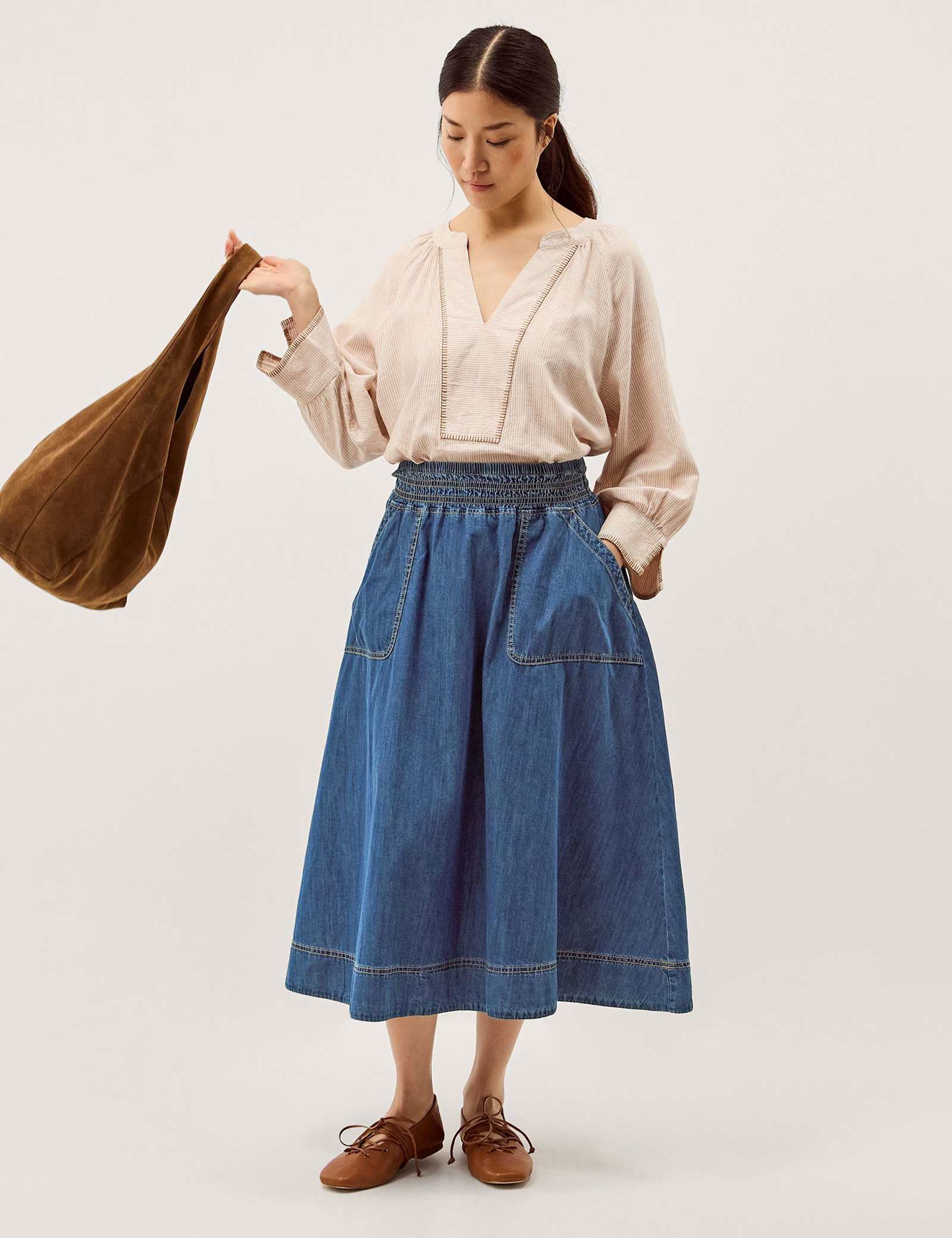Shirred Denim Midi Skirt - image 4
