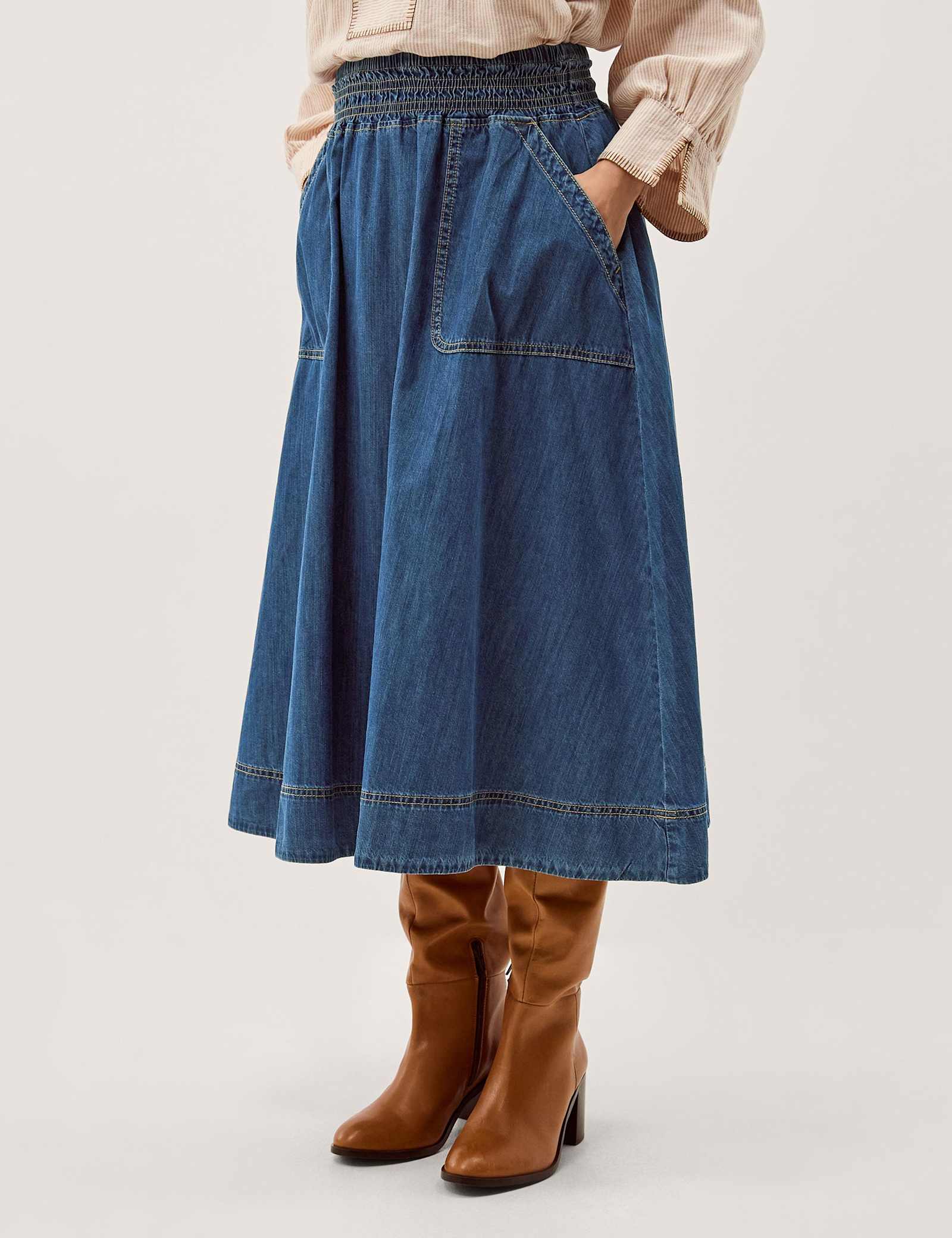Shirred Denim Midi Skirt - image 3