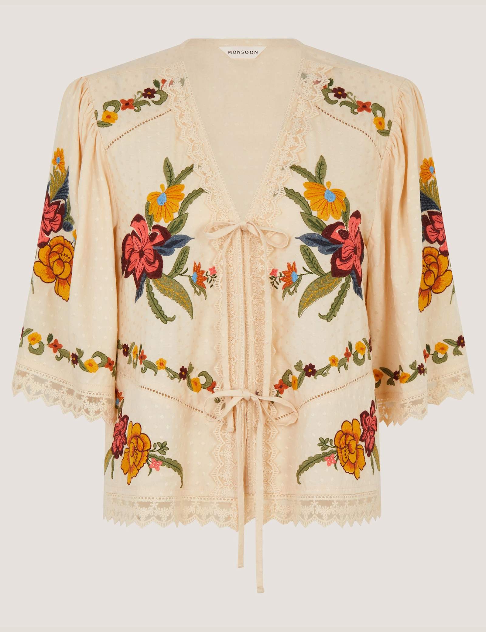 Embroidered V-Neck Tie Front Blouse - image 1