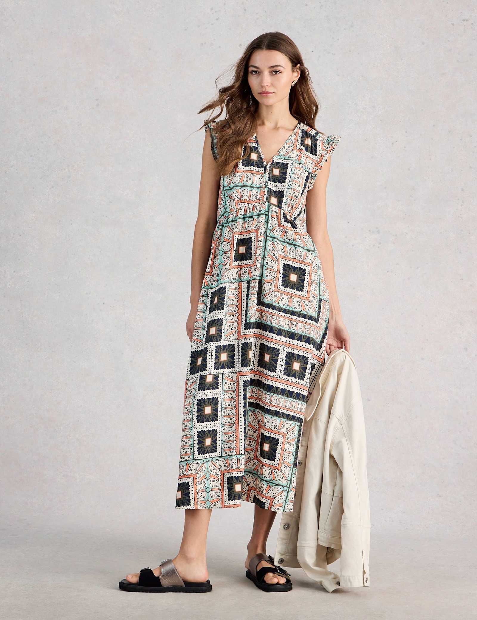 Linen Blend Printed Midi Skater Dress - image 2