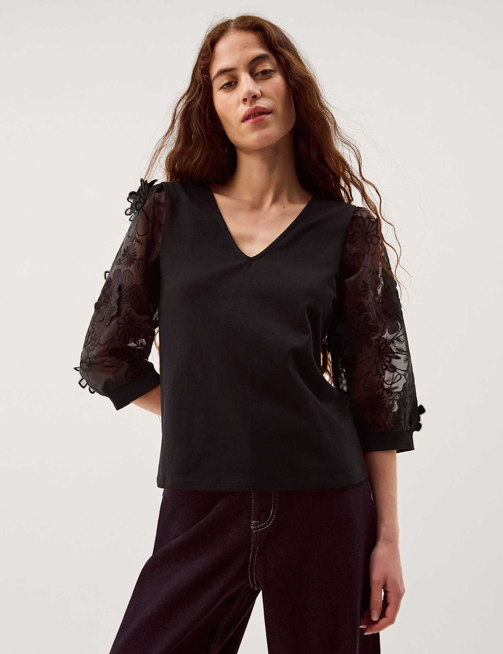 Cotton Rich Embroidered V-Neck Top - image 2