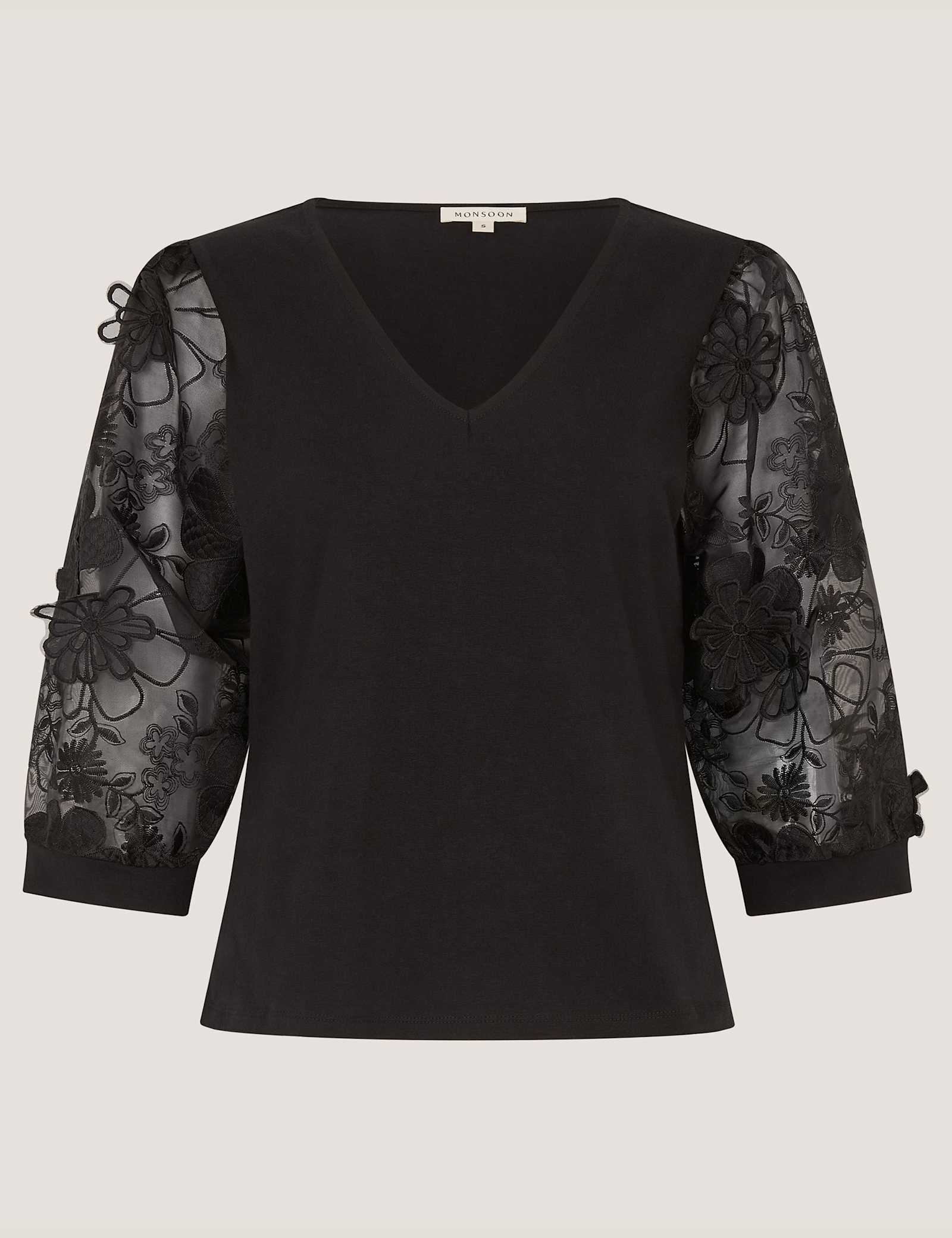 Cotton Rich Embroidered V-Neck Top - image 1