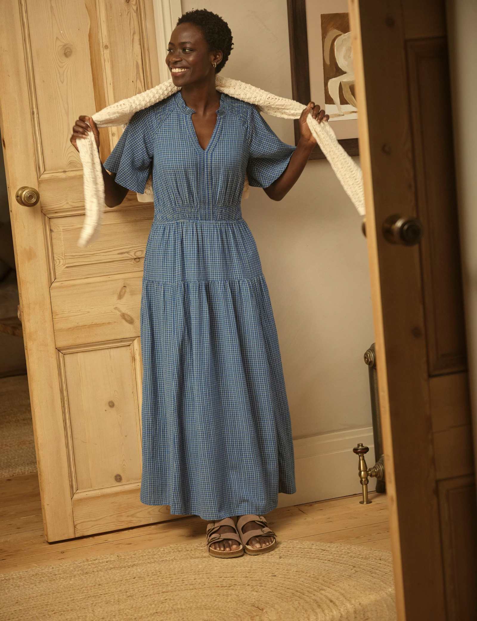 Cotton Blend Checked V-Neck Midi Tiered Dress - image 3
