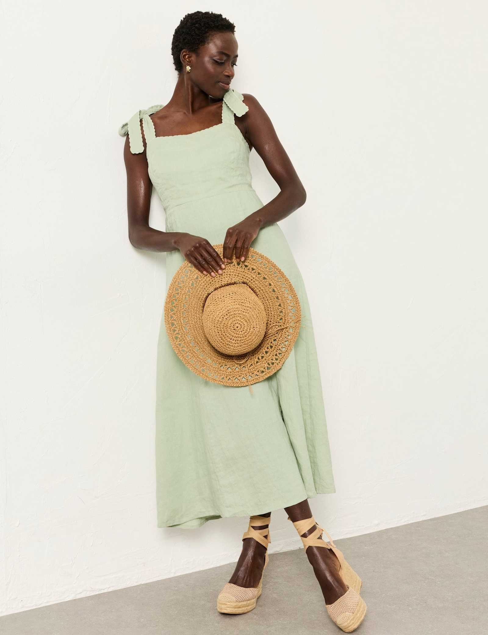 Pure Linen Square Neck Midi Waisted Dress - image 2
