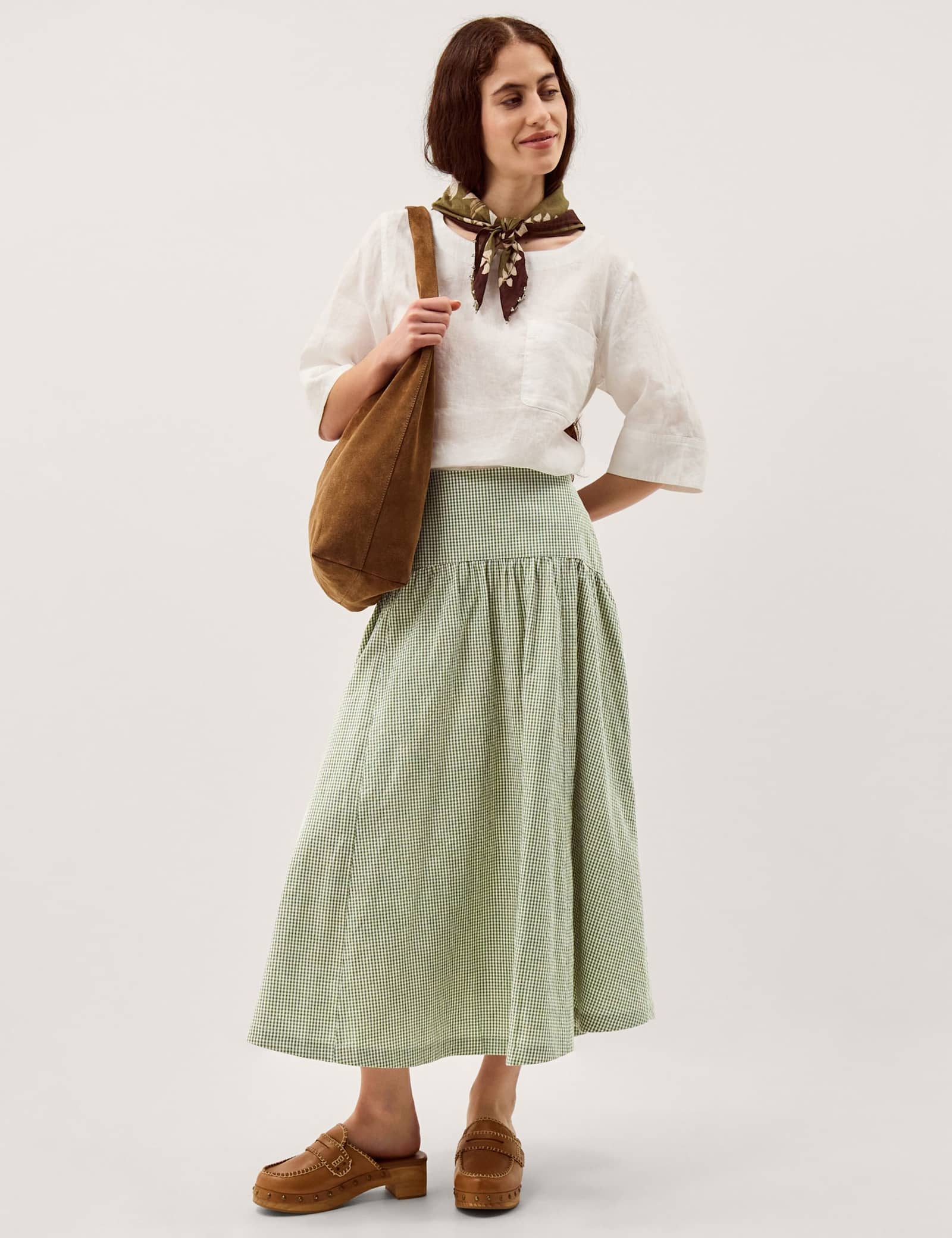 Pure Cotton Gingham Midi A-Line Skirt - image 4