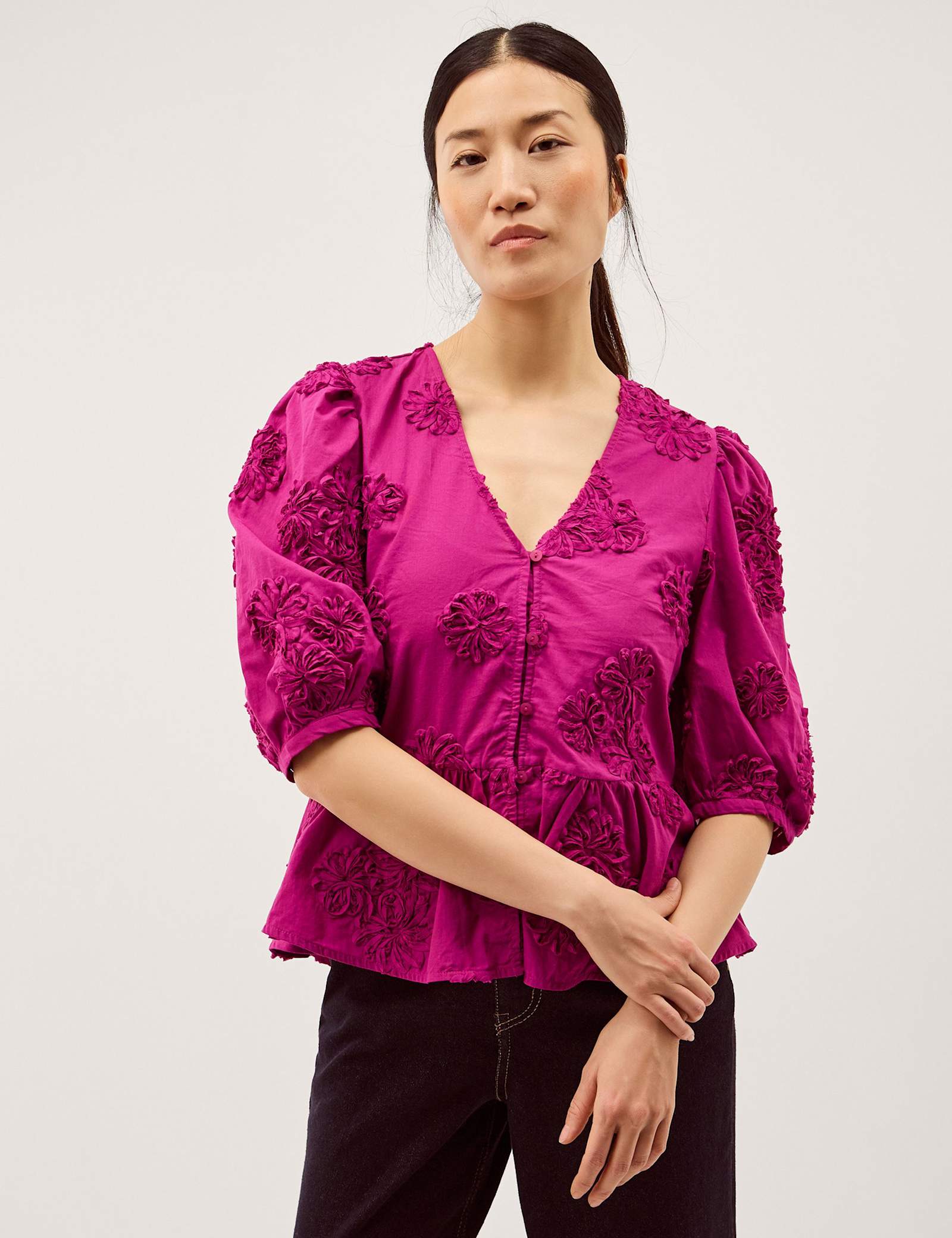 Pure Cotton Embroidered Puff Sleeve Peplum Top - image 2