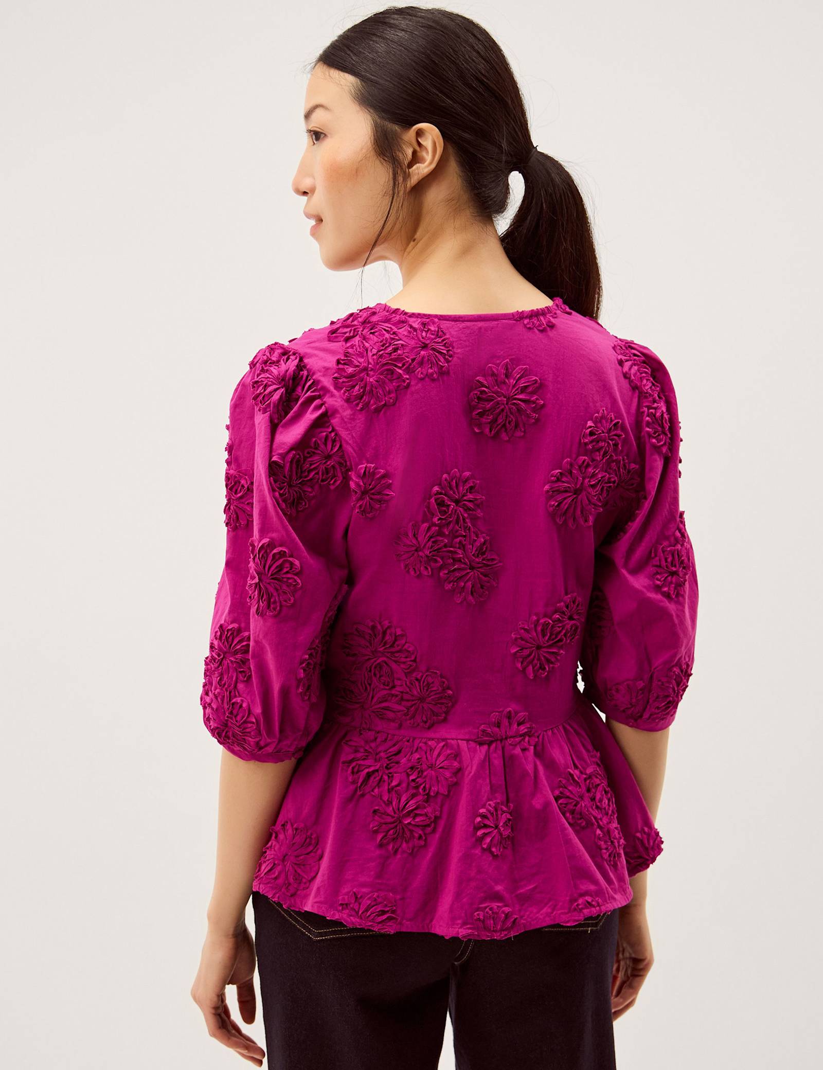 Pure Cotton Embroidered Puff Sleeve Peplum Top - image 5