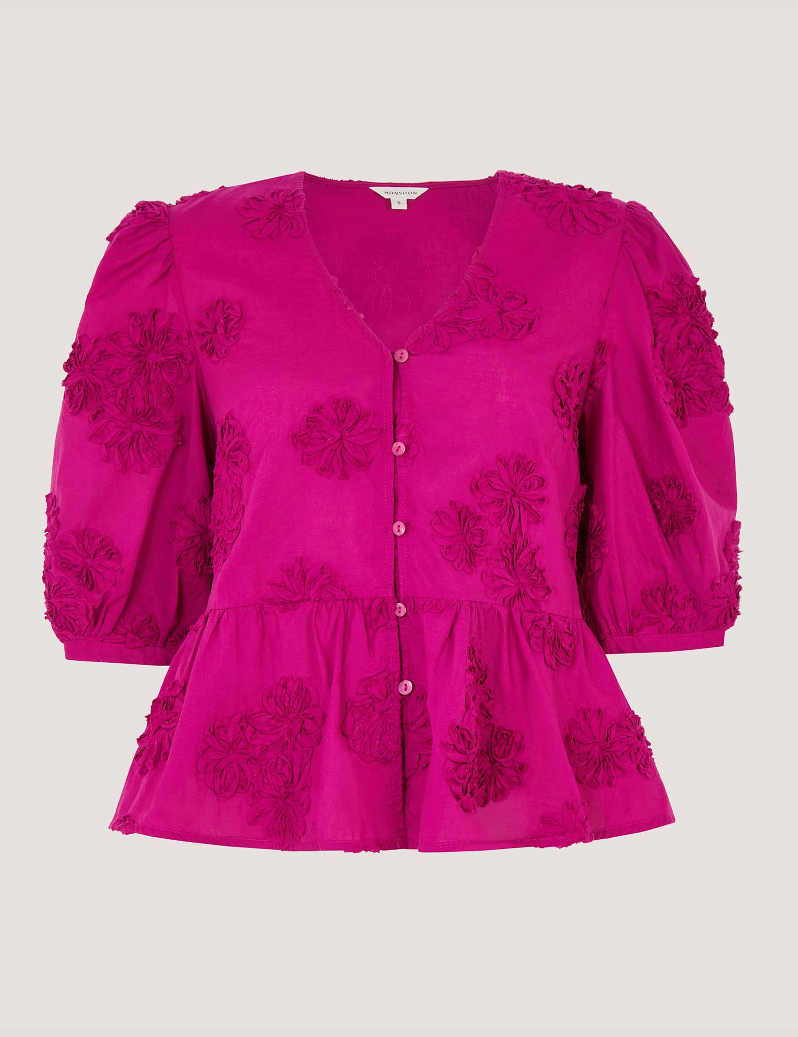 Pure Cotton Embroidered Puff Sleeve Peplum Top - image 1