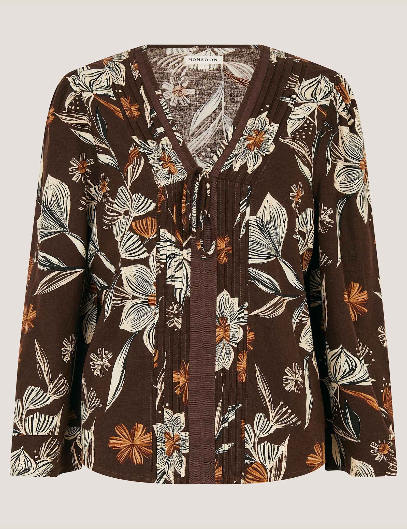 Linen Rich Floral V-Neck Tie Detail Blouse - image 1