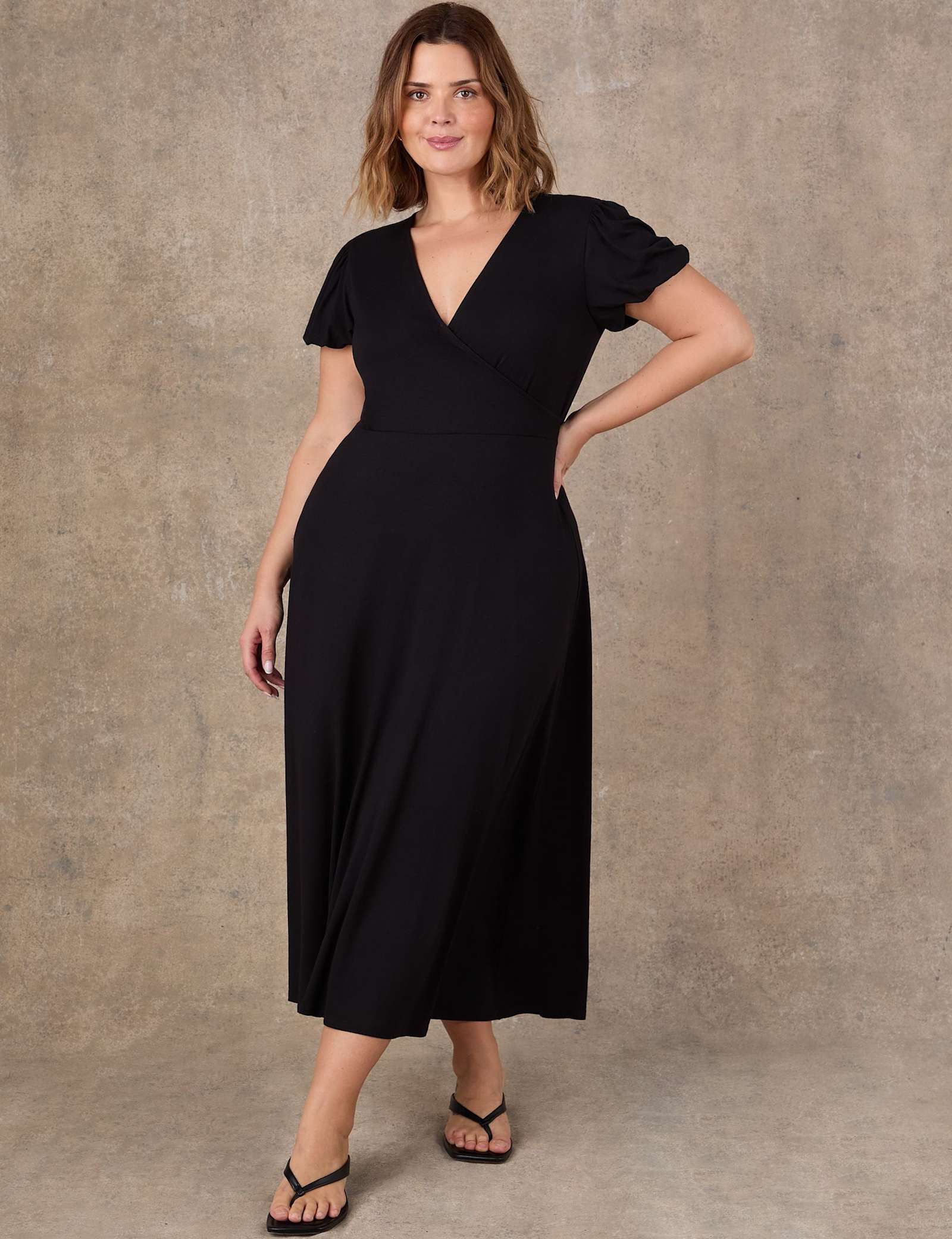 Jersey V-Neck Puff Sleeve Midaxi Wrap Dress - image 1