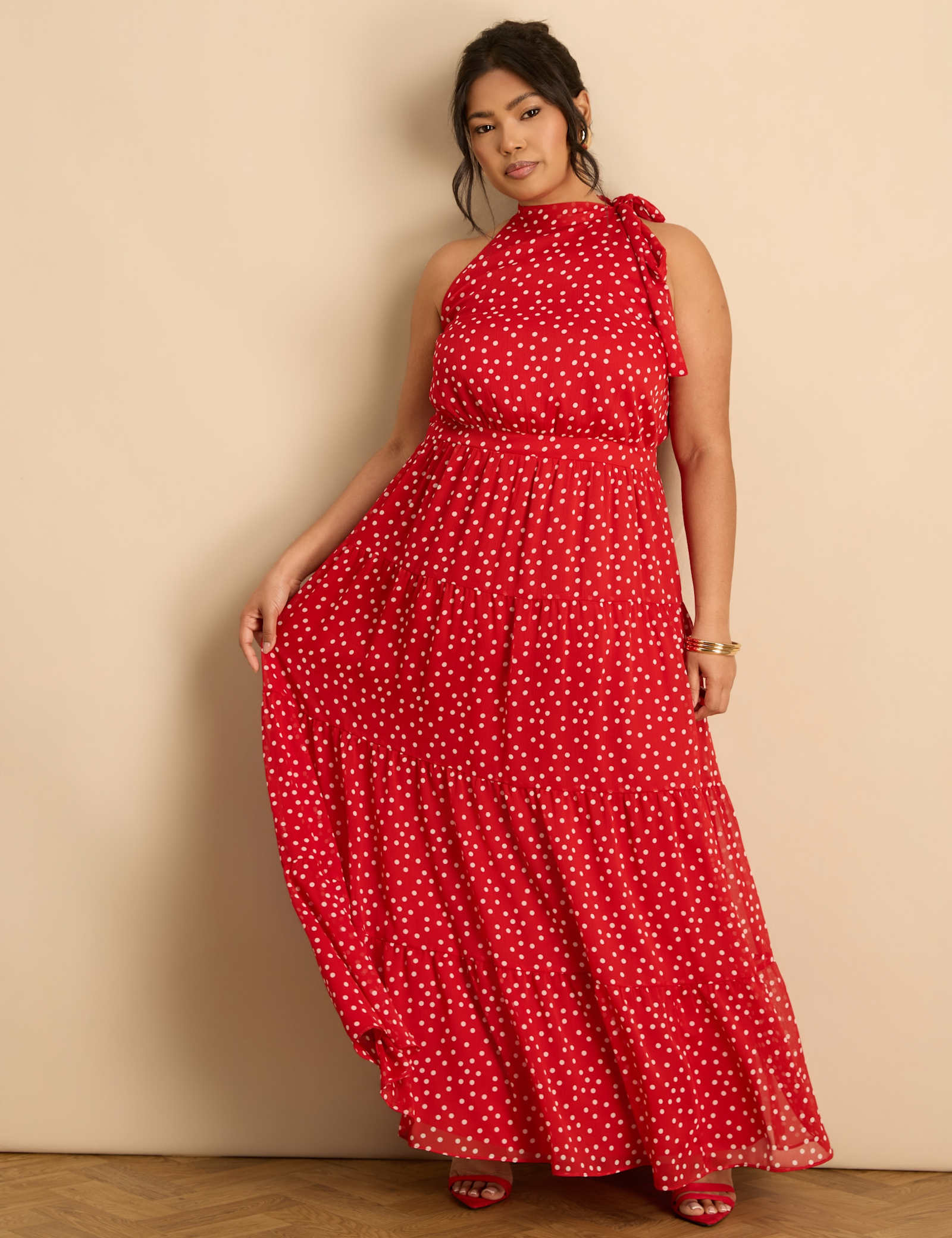 Polka Dot Halter Neck Maxi Waisted Dress - image 2