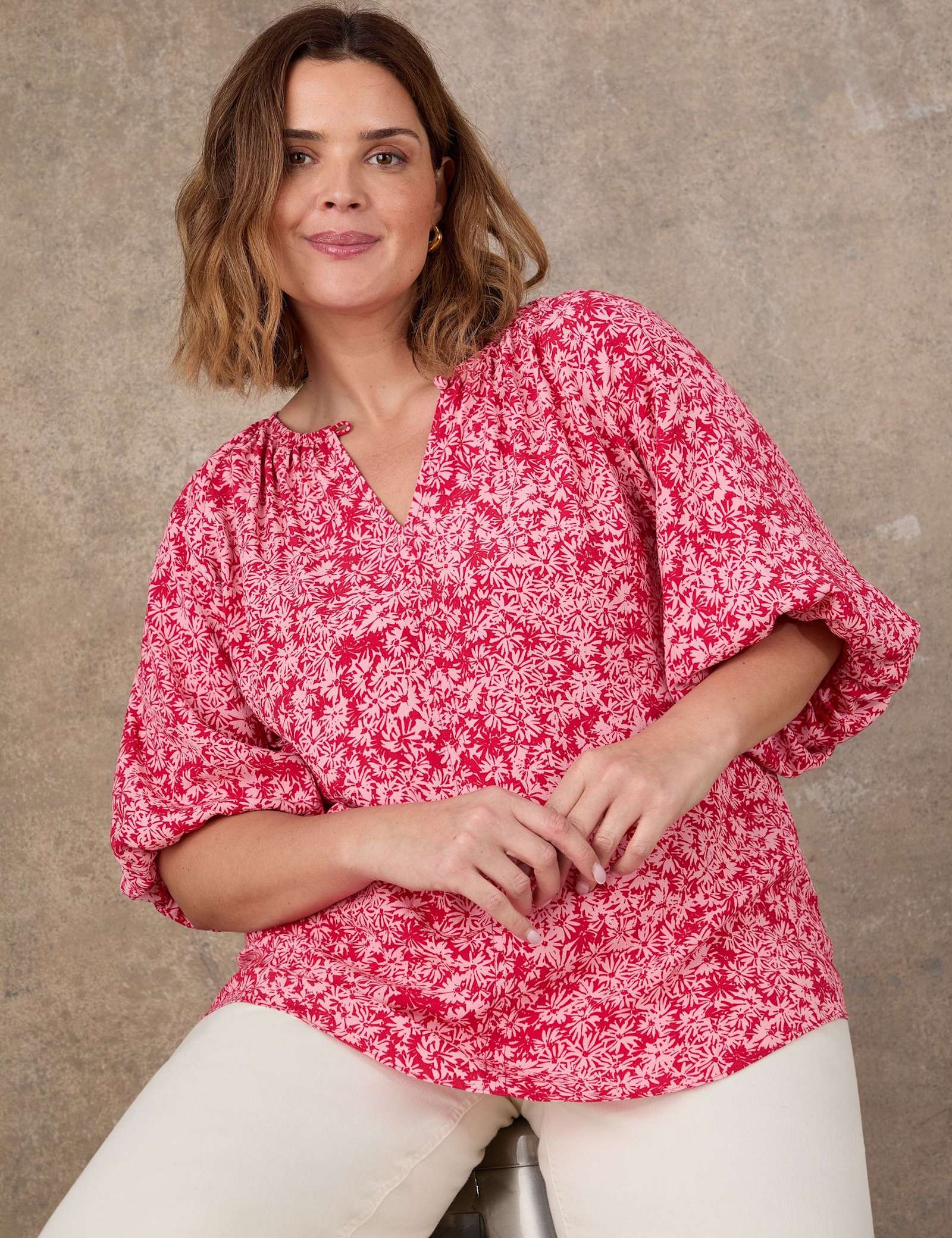 Ditsy Floral Notch Neck Puff Sleeve Blouse - image 1