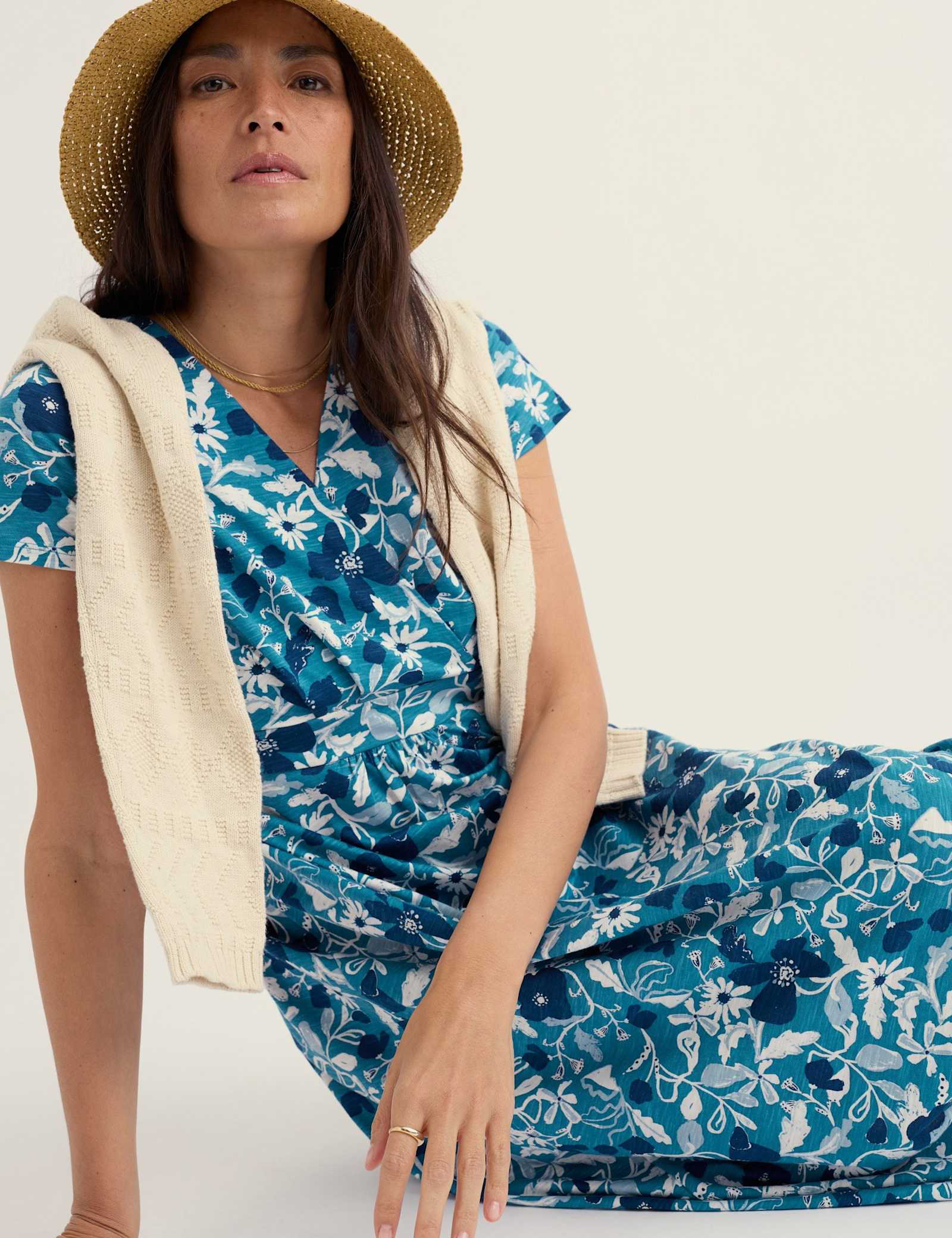 Pure Cotton Floral V-Neck Midi Waisted Dress - image 4