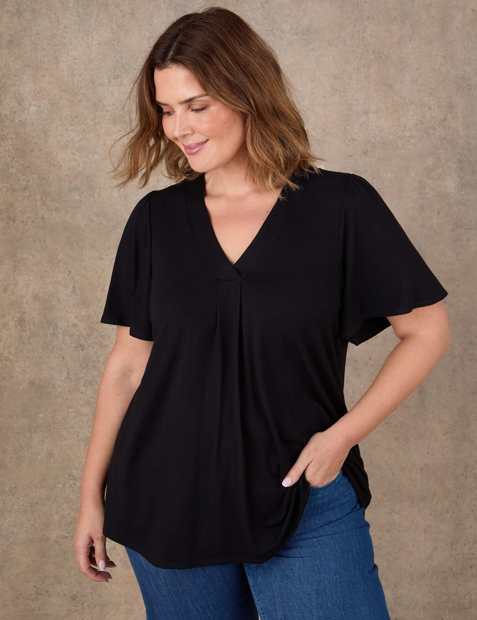 V-Neck Pleat Detail Angel Sleeve Top - image 2